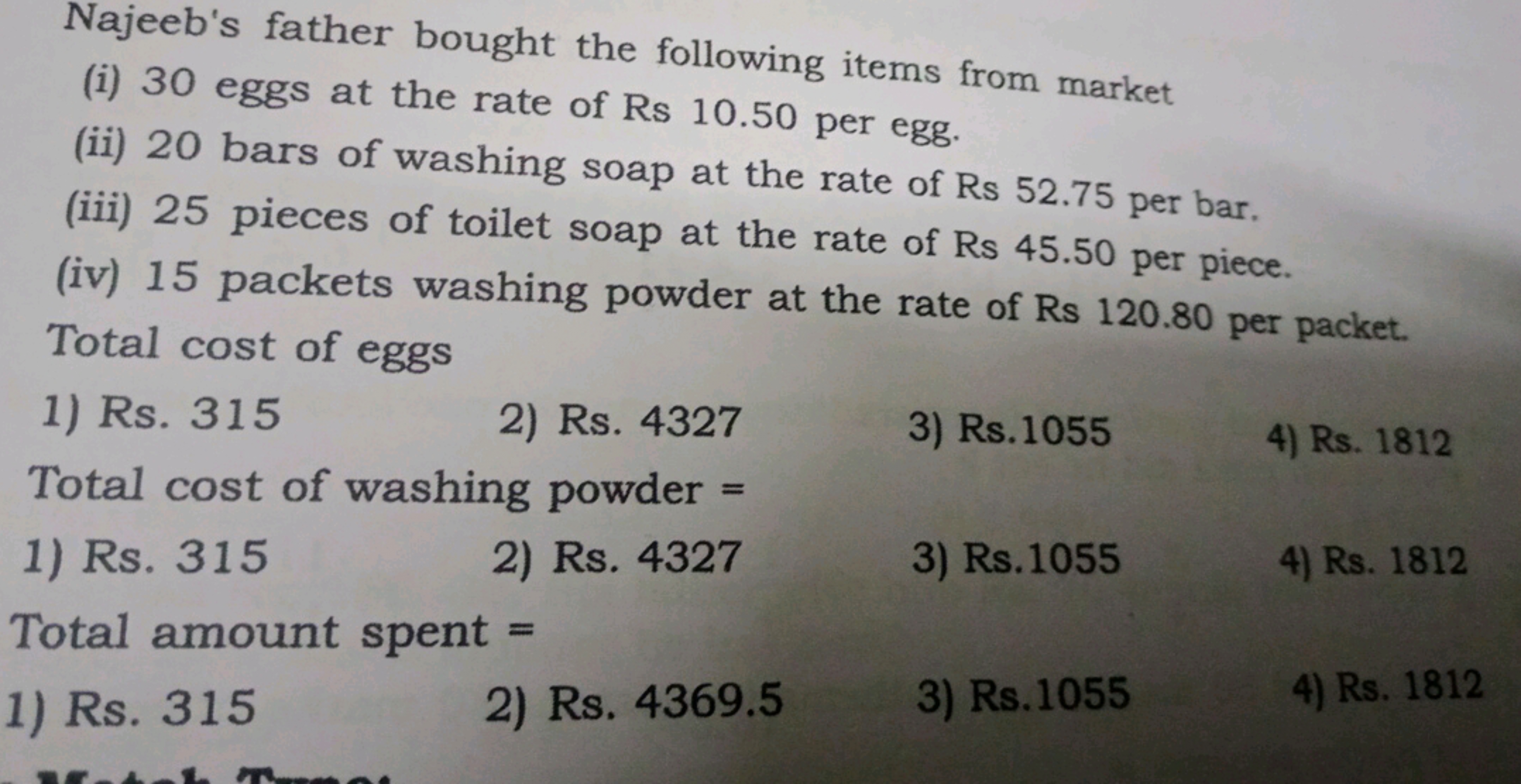 Najeeb's father bought the following items from market
(i) 30 eggs at 