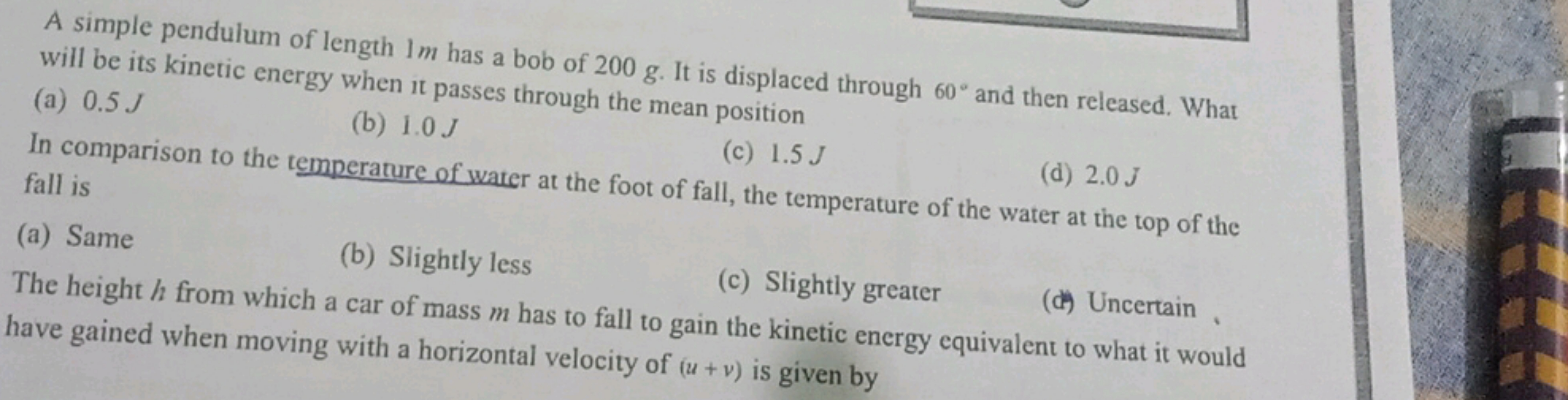 A simple pendulum of length 1m has a bob of 200 g. It is displaced thr