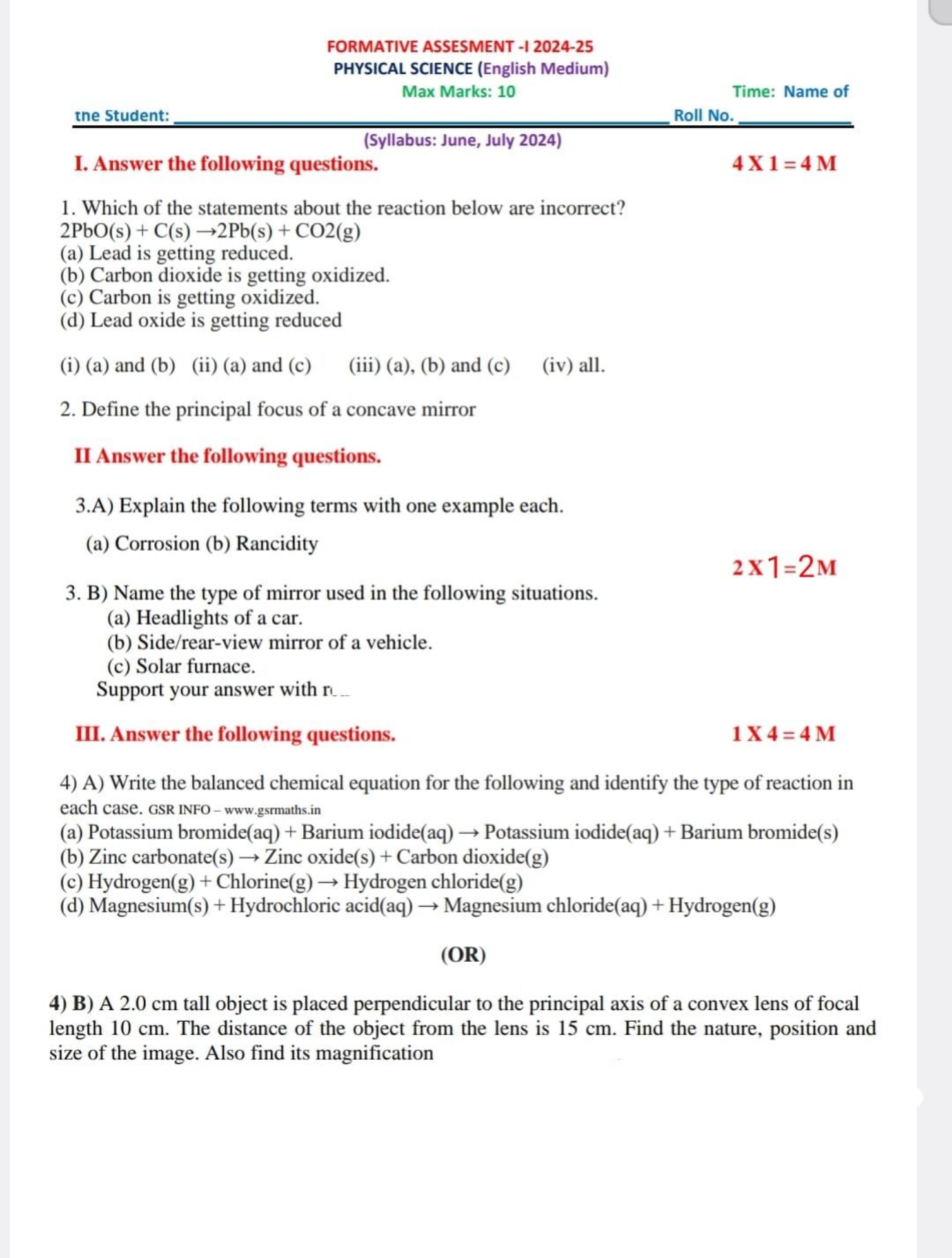 FORMATIVE ASSESMENT -I 2024-25
PHYSICAL SCIENCE (English Medium)
Max M