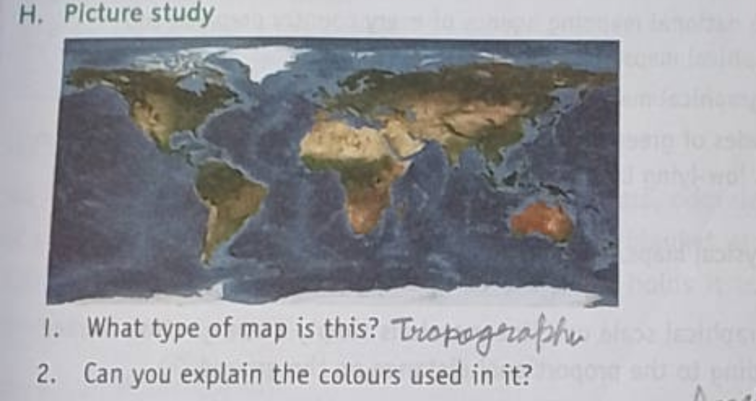 H. Picture study
1. What type of map is this? Tropographe
2. Can you e