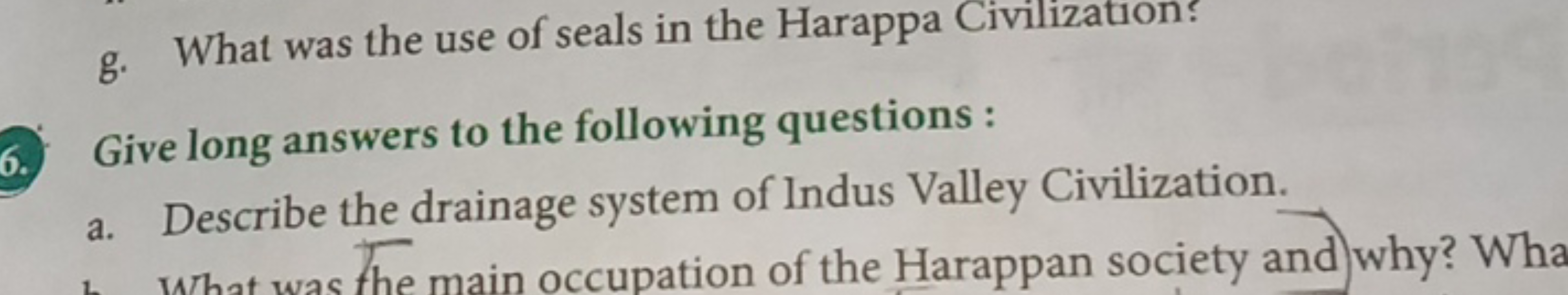 g. What was the use of seals in the Harappa Civilization?
6. Give long