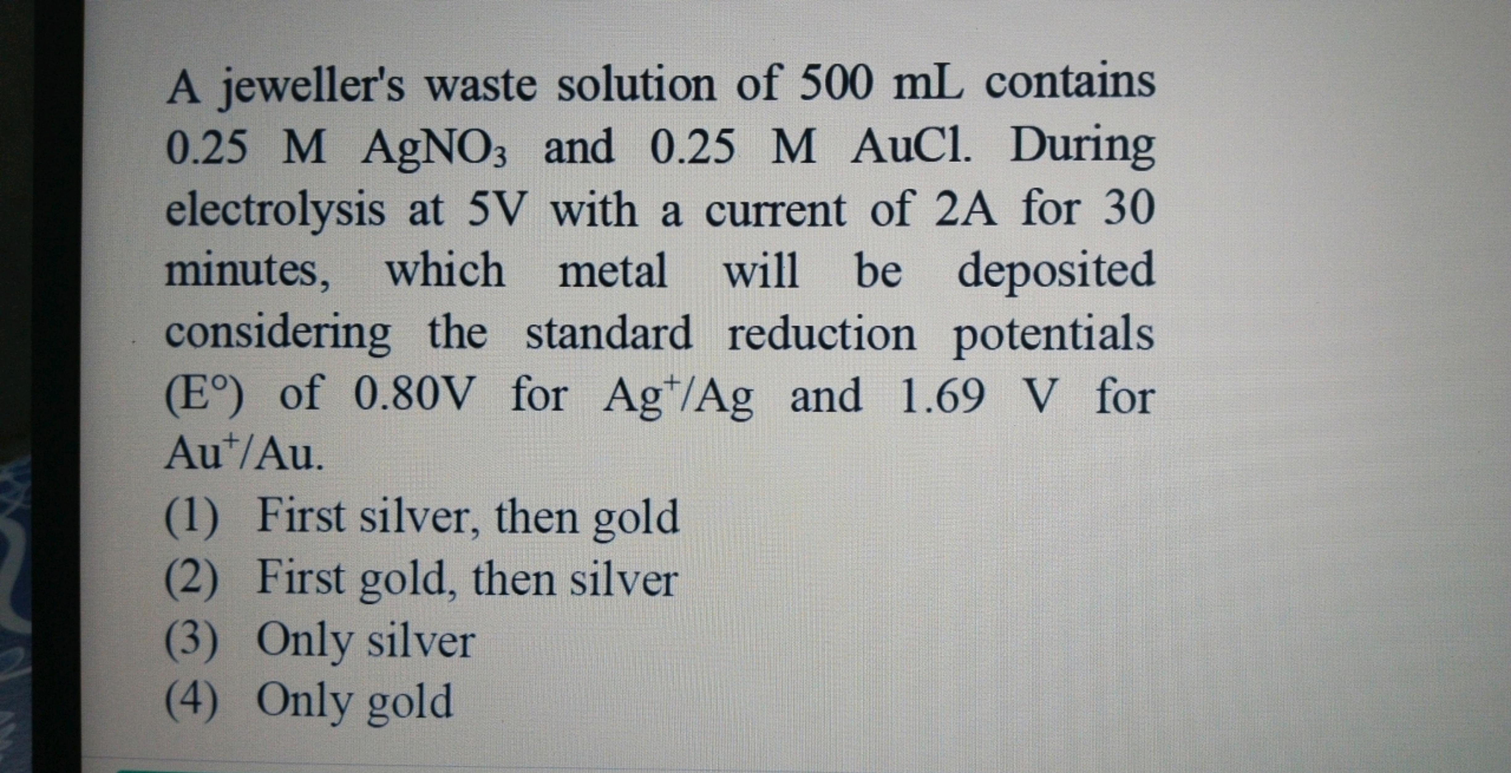 A jeweller's waste solution of 500 mL contains
0.25 M AgNO3 and 0.25 M