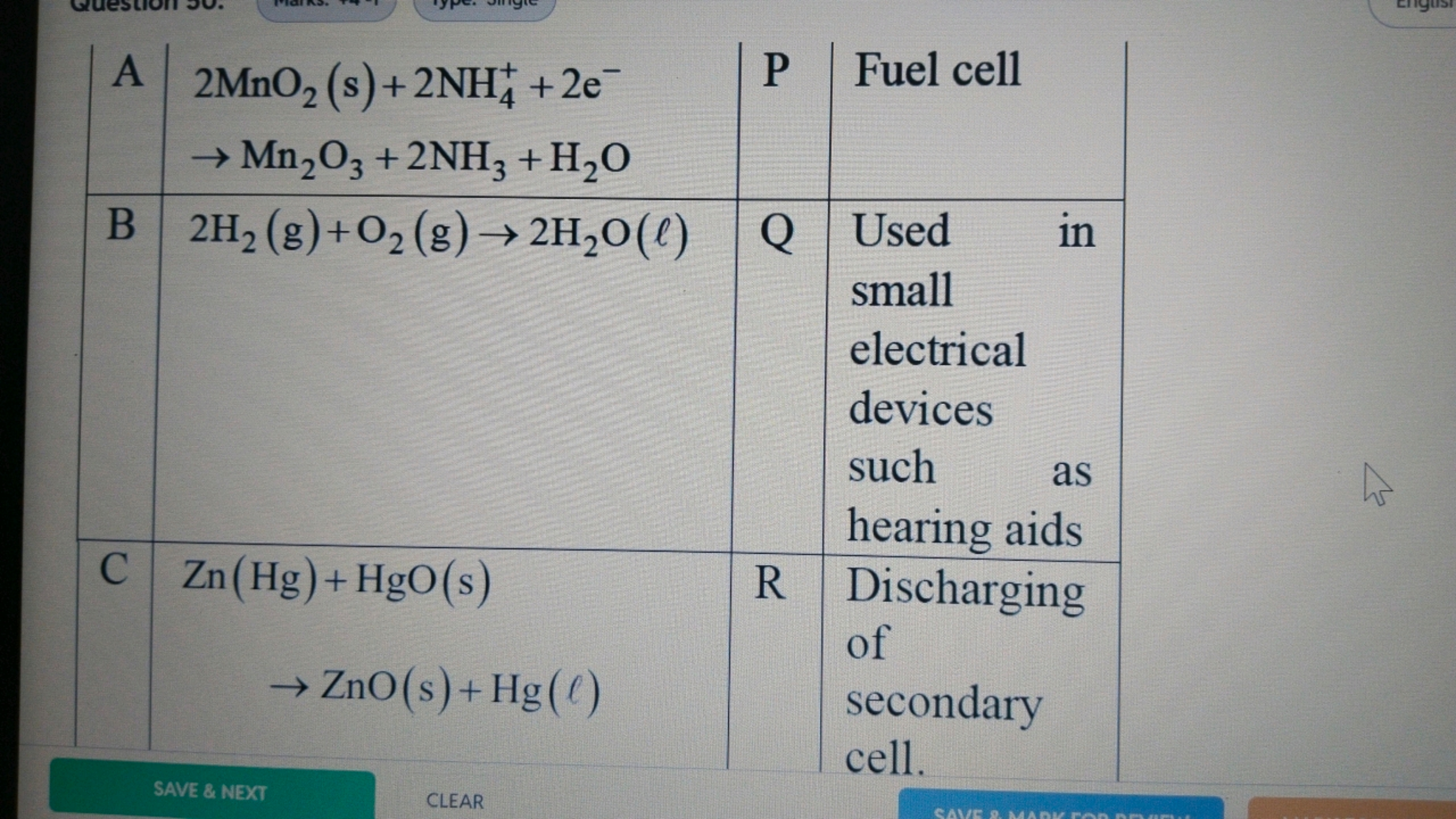 A
2MnO2 (s) + 2NH+ + 2e¯
P Fuel cell
→Mn2O3 + 2NH3 + H2O
B 2H2(g) + O2