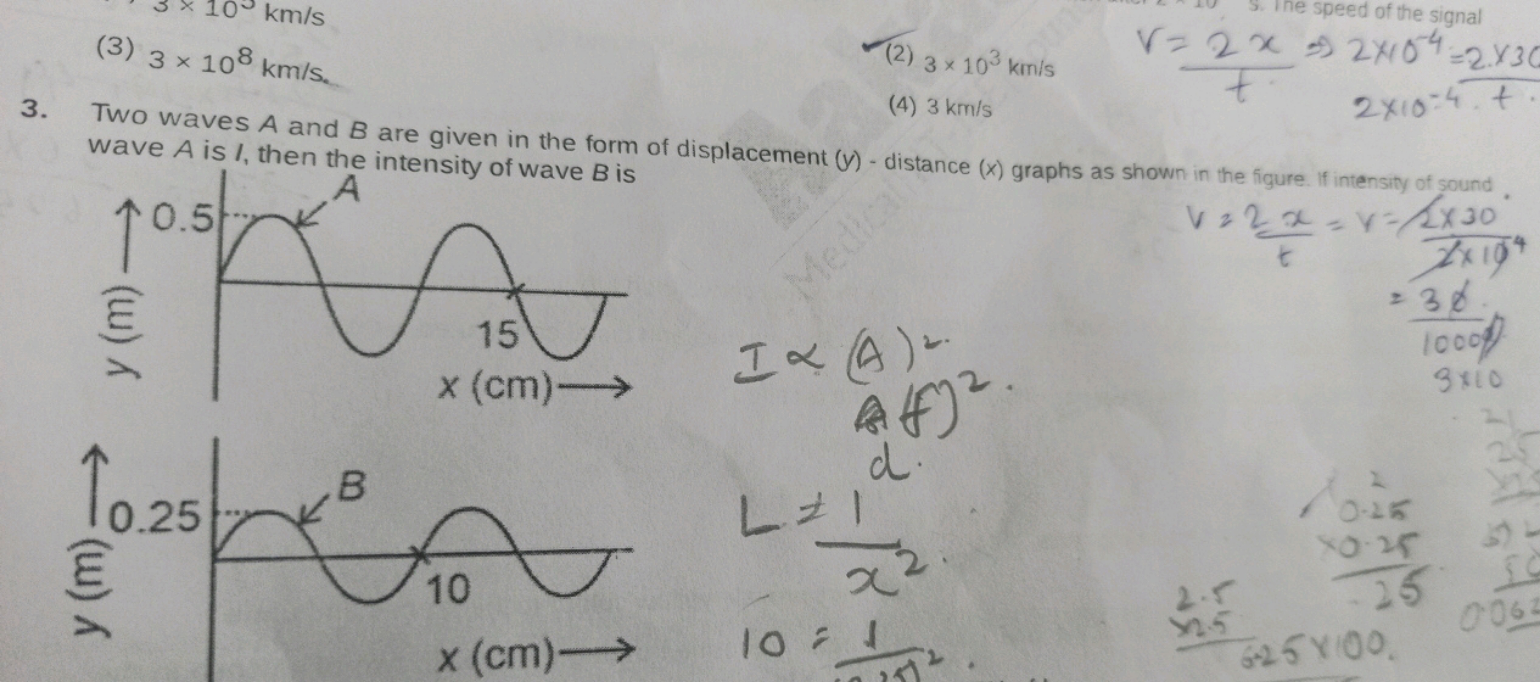 (3) 3×108 km/s.
(2) 3×103 km/s
(4) 3 km/s
3. Two waves A and B are giv