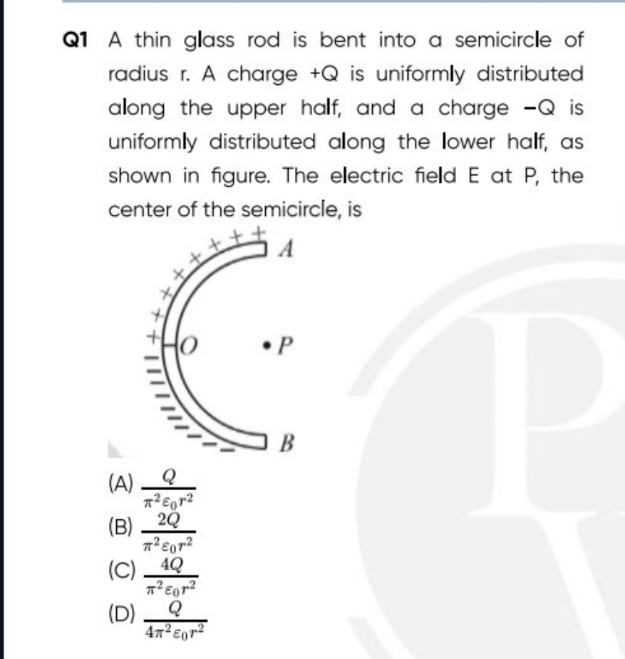 Q1 A thin glass rod is bent into a semicircle of radius r. A charge +Q