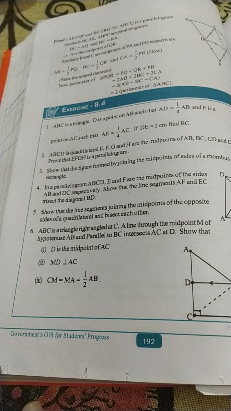 rroor: AB I QP and BCARQ So ABCQ is a parallelogram.
BC=AQ and BC=RA
⇒