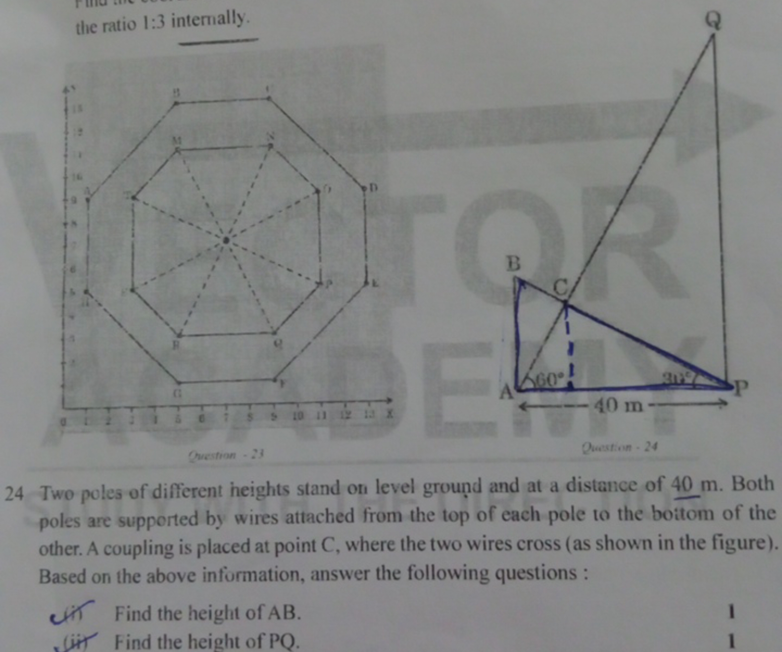 the ratio 1:3 internally.

Question - 23
24 Two poles of different hei