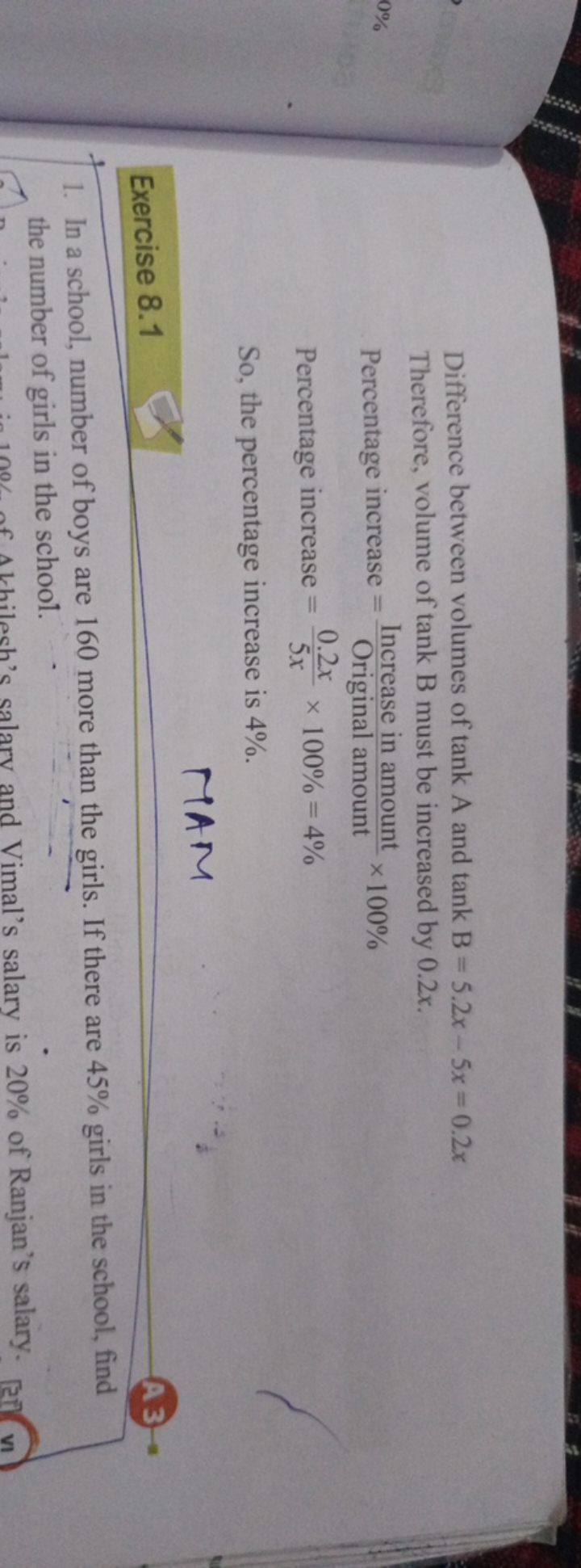 Difference between volumes of tank A and tank B=5.2x−5x=0.2x
Therefore