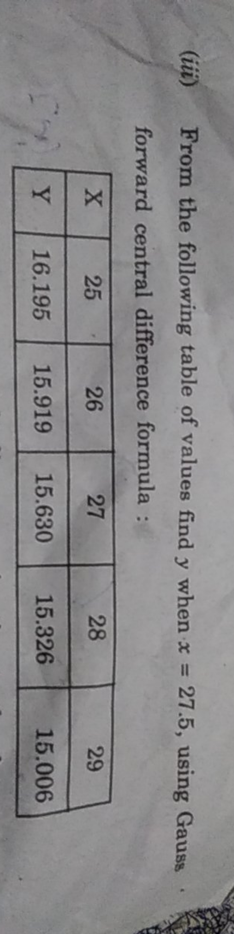 (iii) From the following table of values find y when x=27.5, using Gau