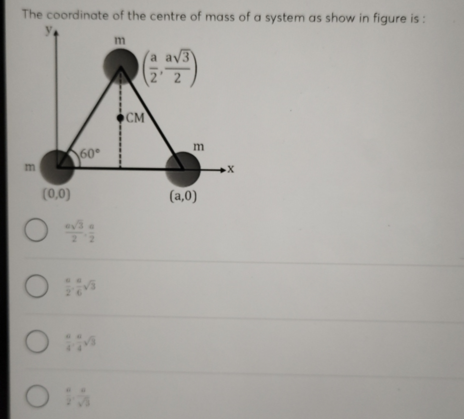 The coordinate of the centre of mass of a system as show in figure is 