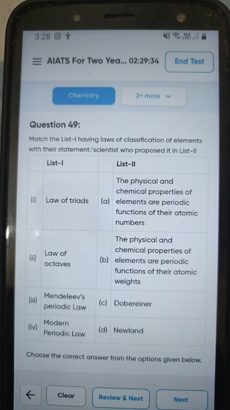 3:28
(0)
Vo)
(TE1) 1,1
AIATS For Two Yea... 02:29:34
End Test
Chemistr