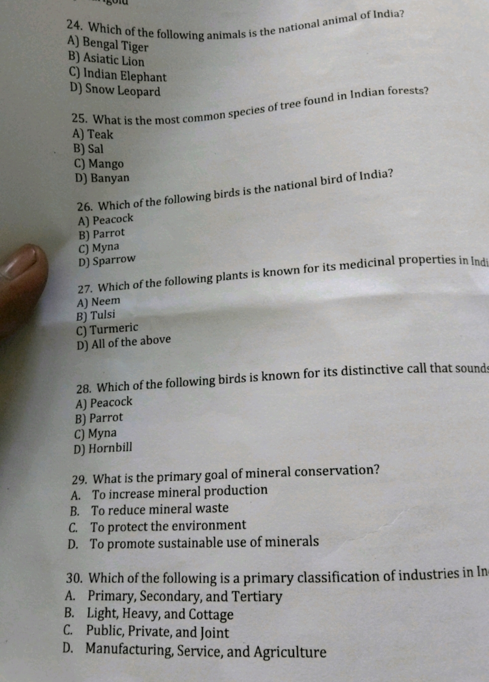 24. Which of the following animals is the national animal of India?
A)