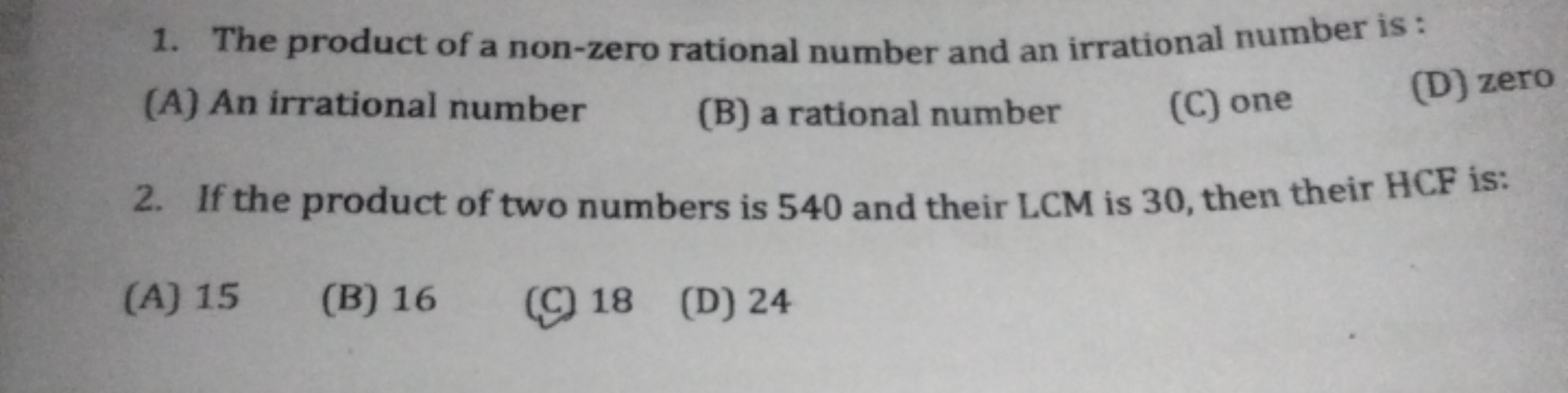 1. The product of a non-zero rational number and an irrational number 