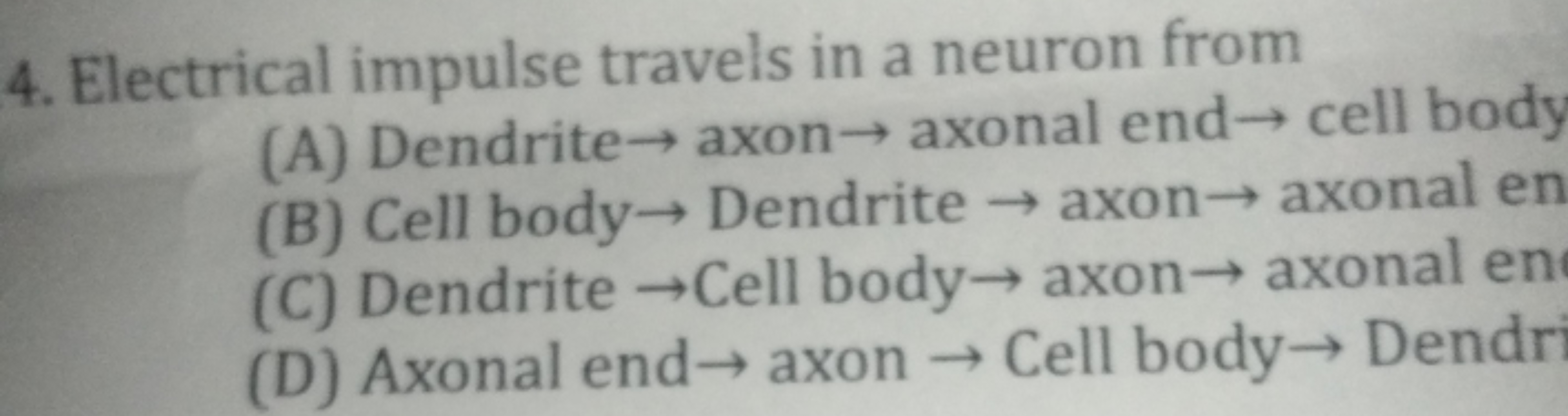 4. Electrical impulse travels in a neuron from
(A) Dendrite → axon → a