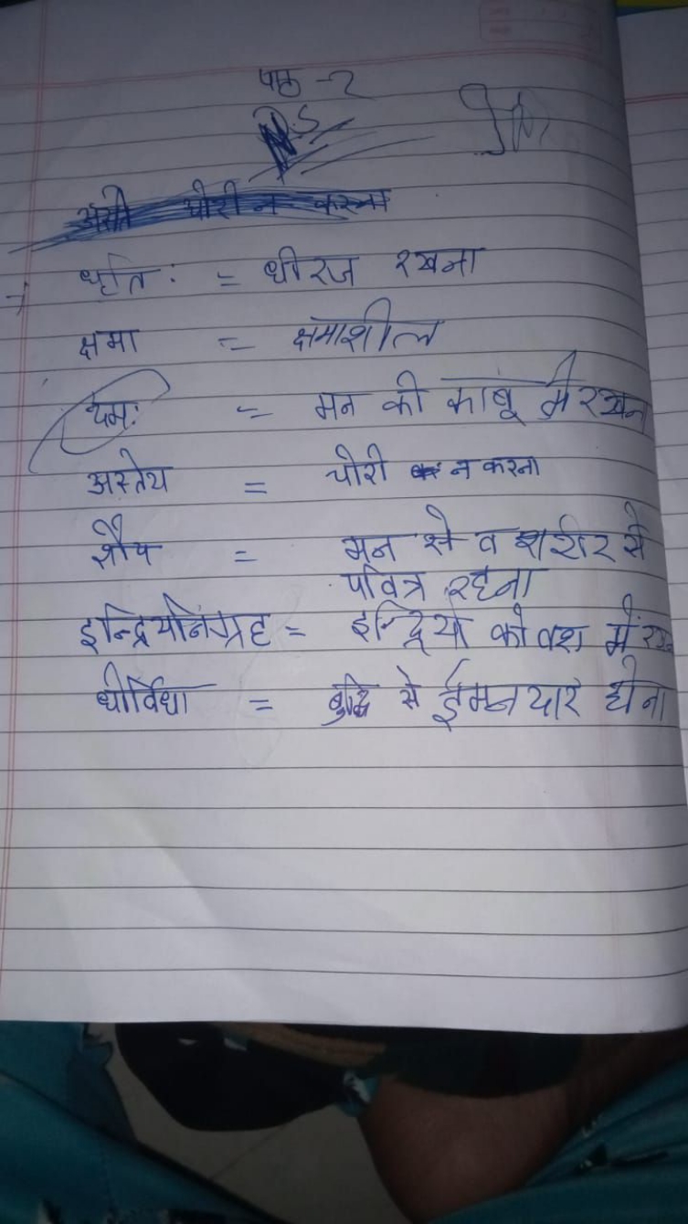  धृति: = धीरज रखना  क्षमा = क्षमाशील  दम: = मन की काषू प्रेरखन  असत्तय