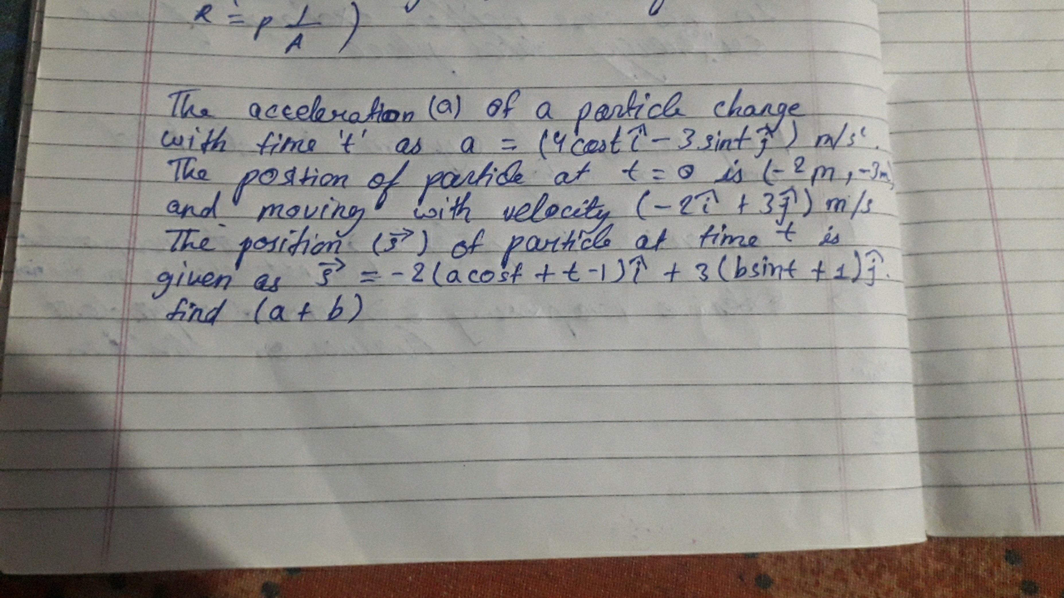 R=(A1​)

The acceleration (a) of a particle change with fine ′t ' as a