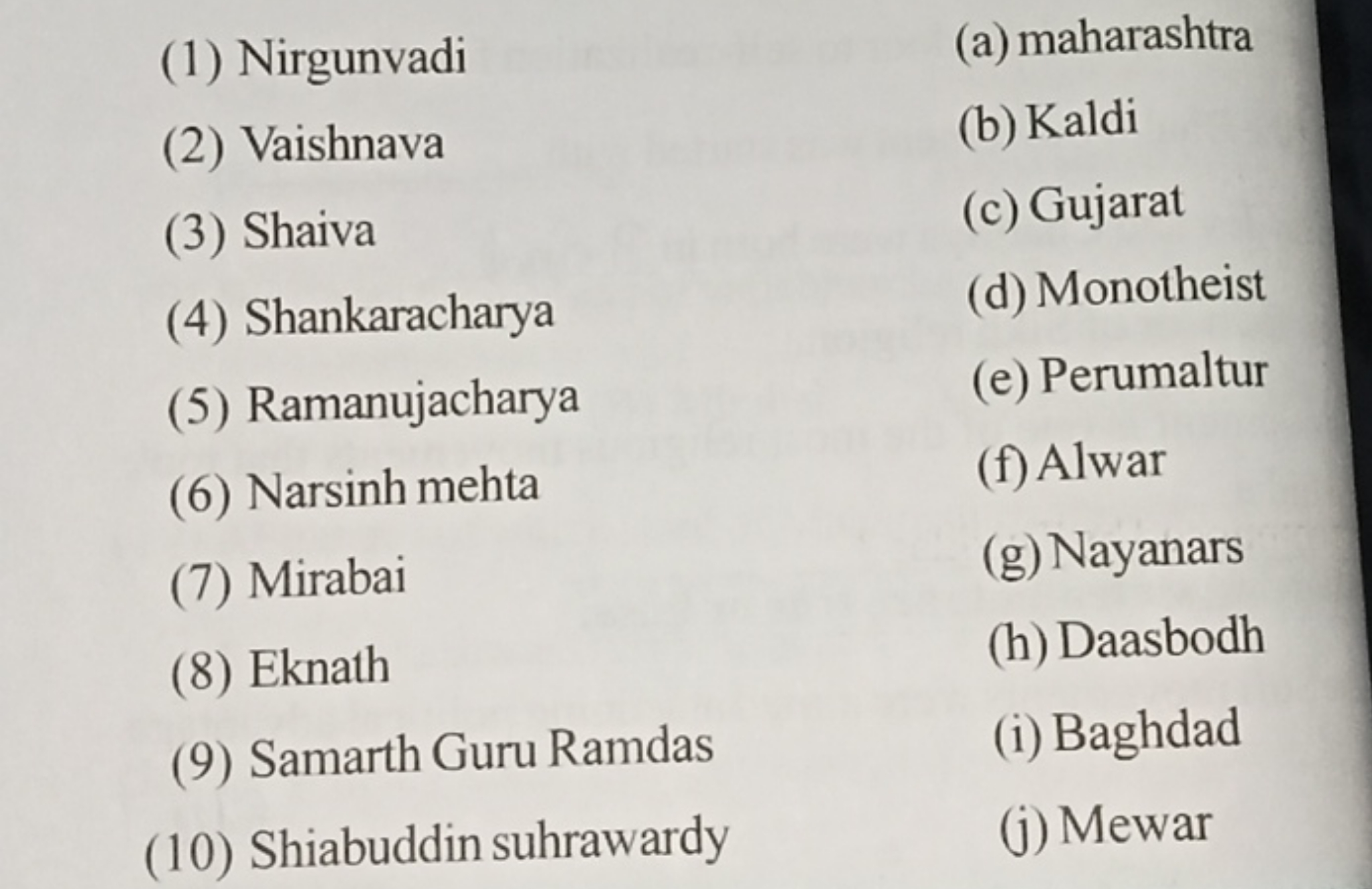 (1) Nirgunvadi
(a) maharashtra
(2) Vaishnava
(b) Kaldi
(3) Shaiva
(c) 