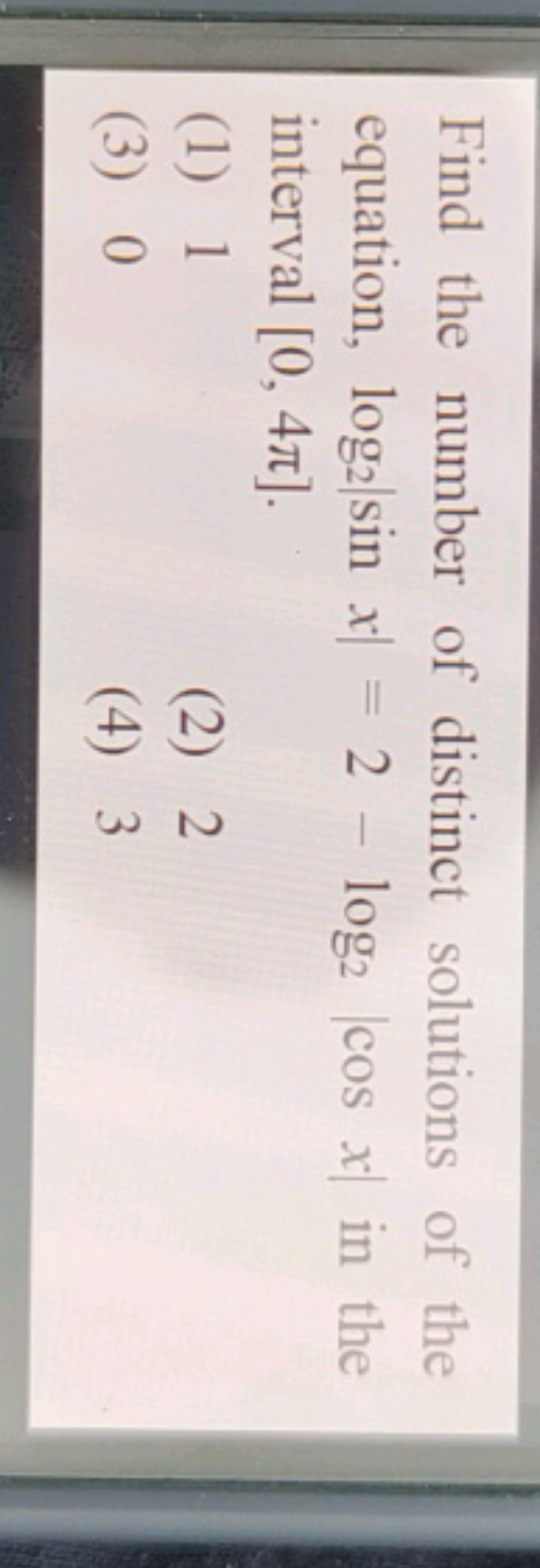 Find the number of distinct solutions of the equation, log2​∣sinx∣=2−l