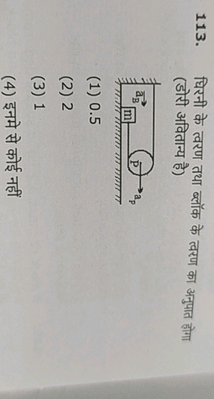 113. घिरनी के त्वरण तथा ब्लॉक के त्वरण का अनुपात होगा (डोरी अवितान्य ह