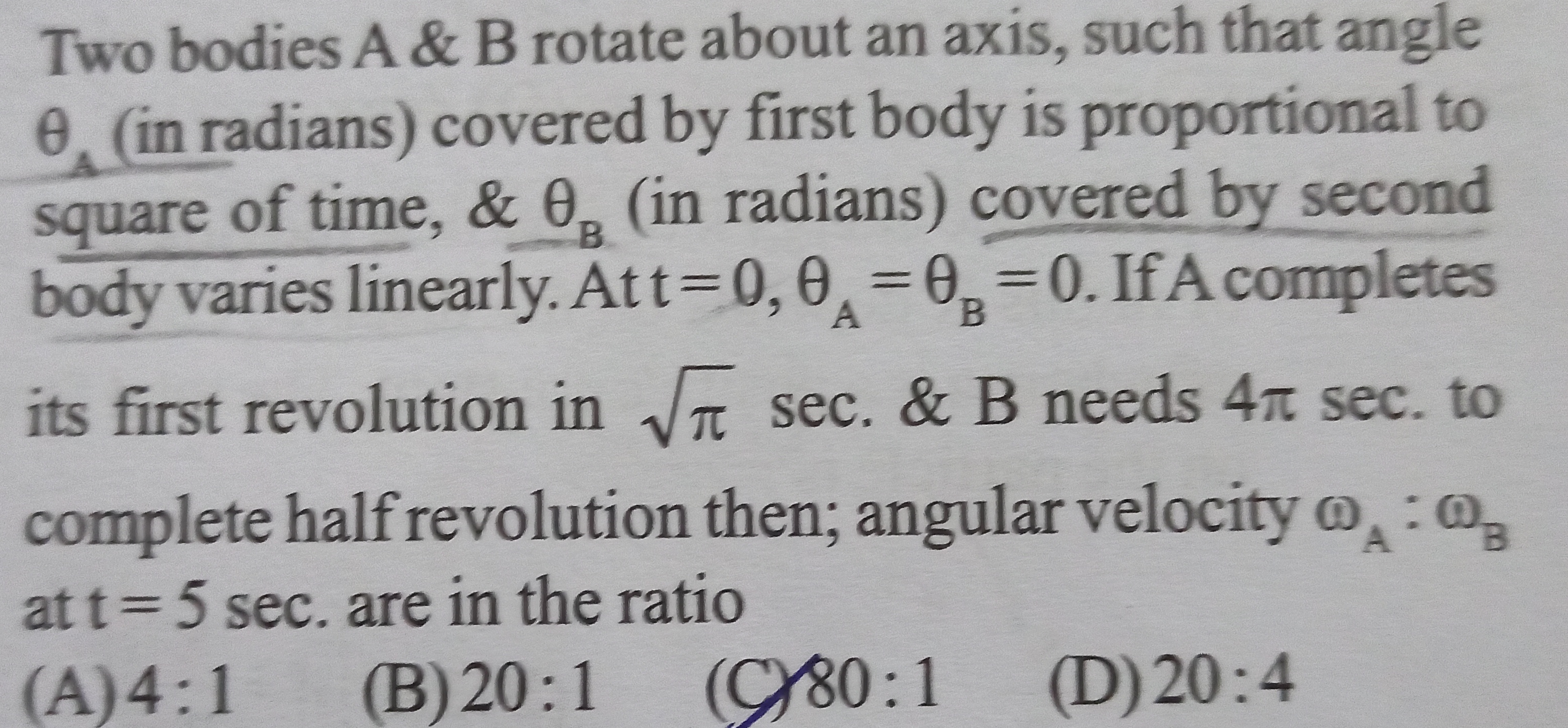 Two bodies A \& B rotate about an axis, such that angle θA​ (in radian