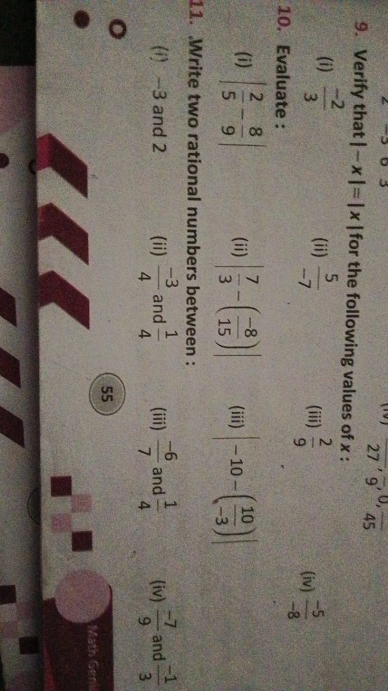 9. Verify that ∣−x∣=∣x∣ for the following values of x :
(i) 3−2​
(ii) 