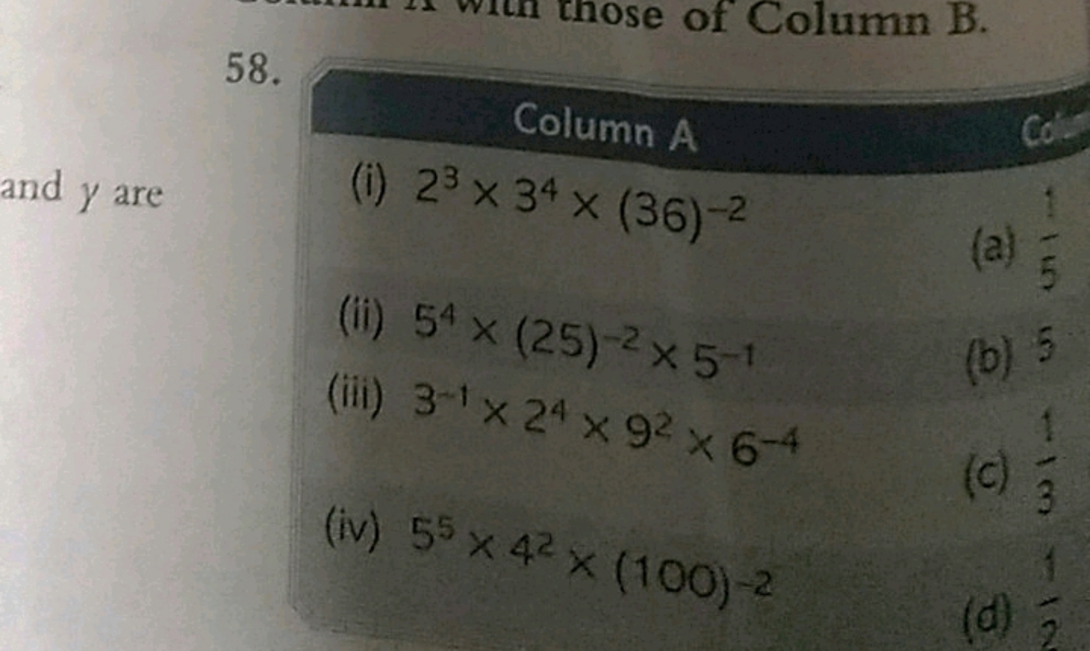 58.

Column A
(i) 23×34×(36)−2
(ii) 54×(25)−2×5−1
(iii) 3−1×24×92×6−4
