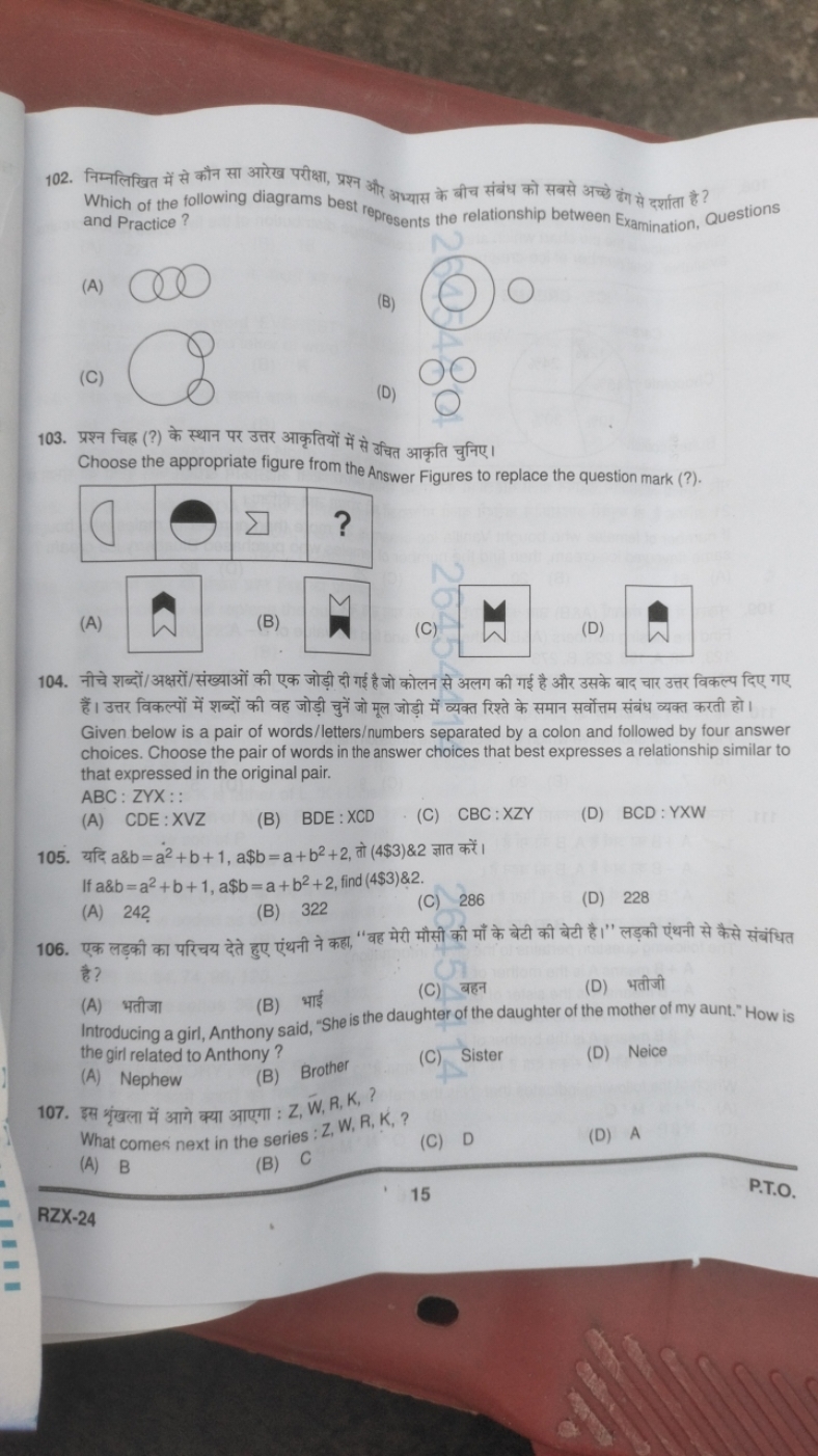 102. निम्नलिखित में से कौन सा आरेख परीक्षा, प्रश्न और अभ्यास के बीच सं