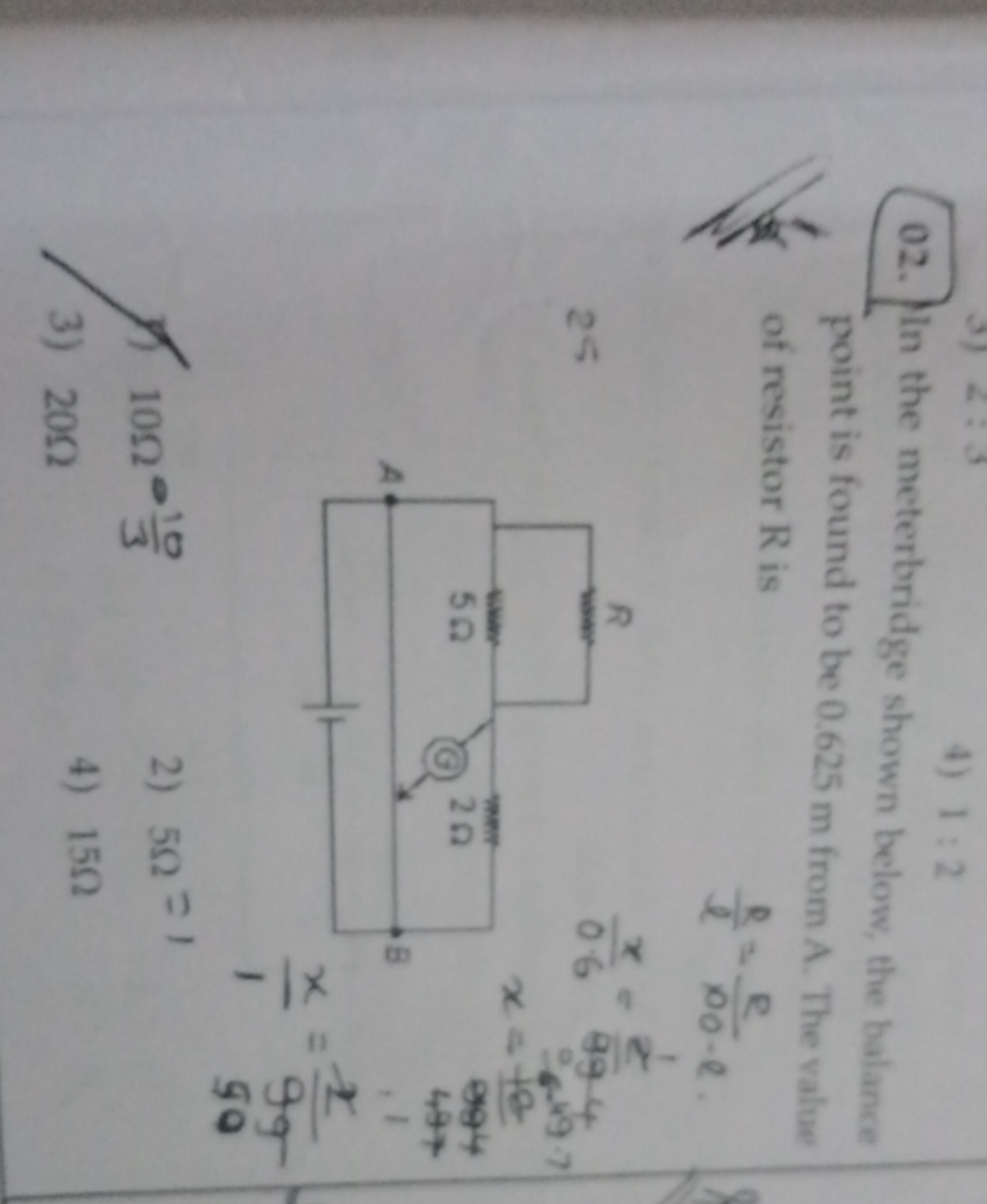 02. In the meterbridge shown below, the balance point is found to be 0