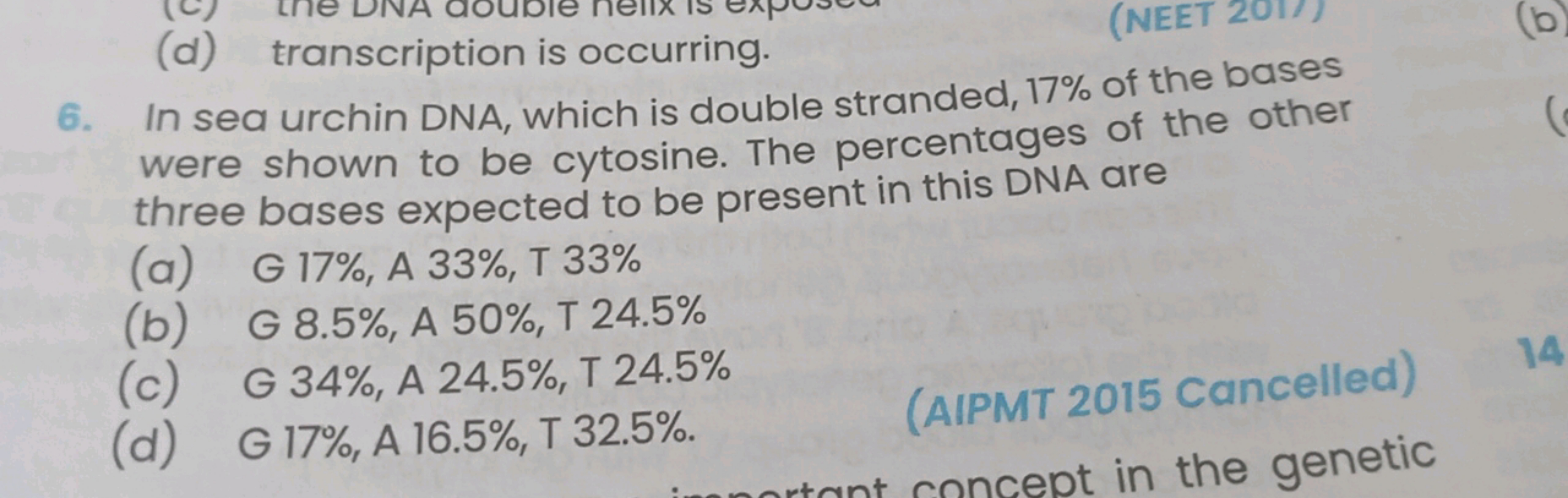 6. In sea urchin DNA, which is double stranded, 17% of the bases were 