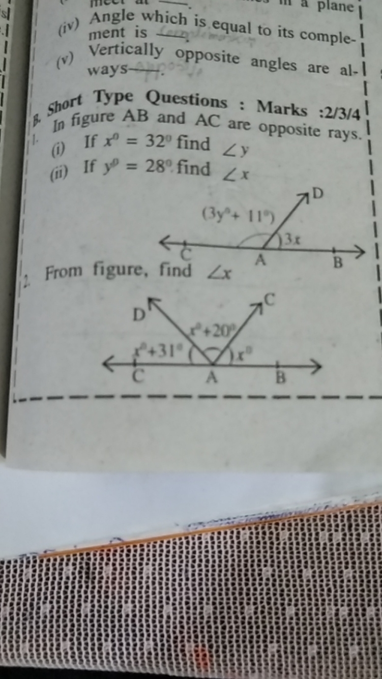 (iv) Angle which is equal to its compile-
(v) Vertically opposite angl