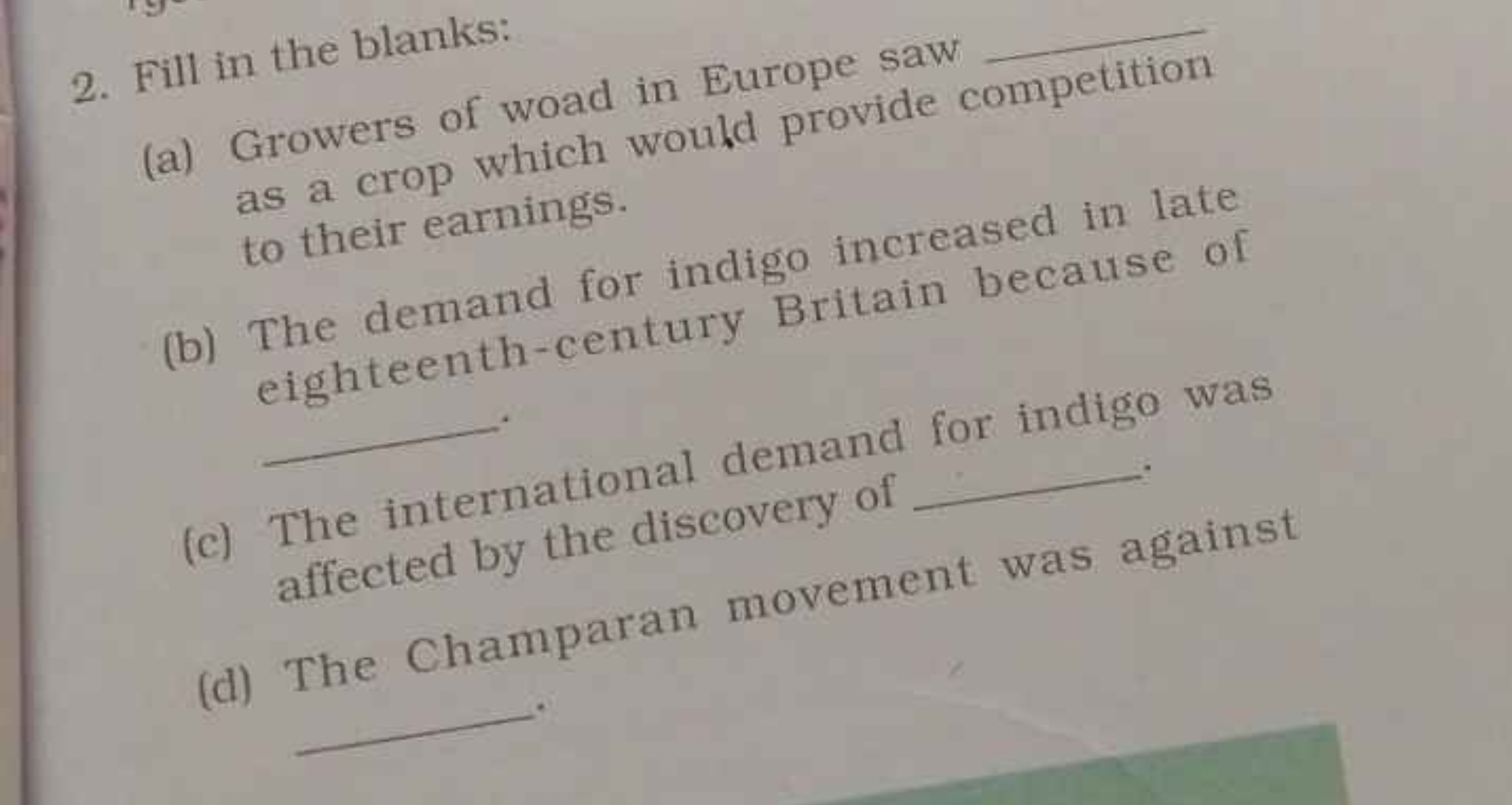 2. Fill in the blanks:
(a) Growers of woad in Europe saw  as a crop wh