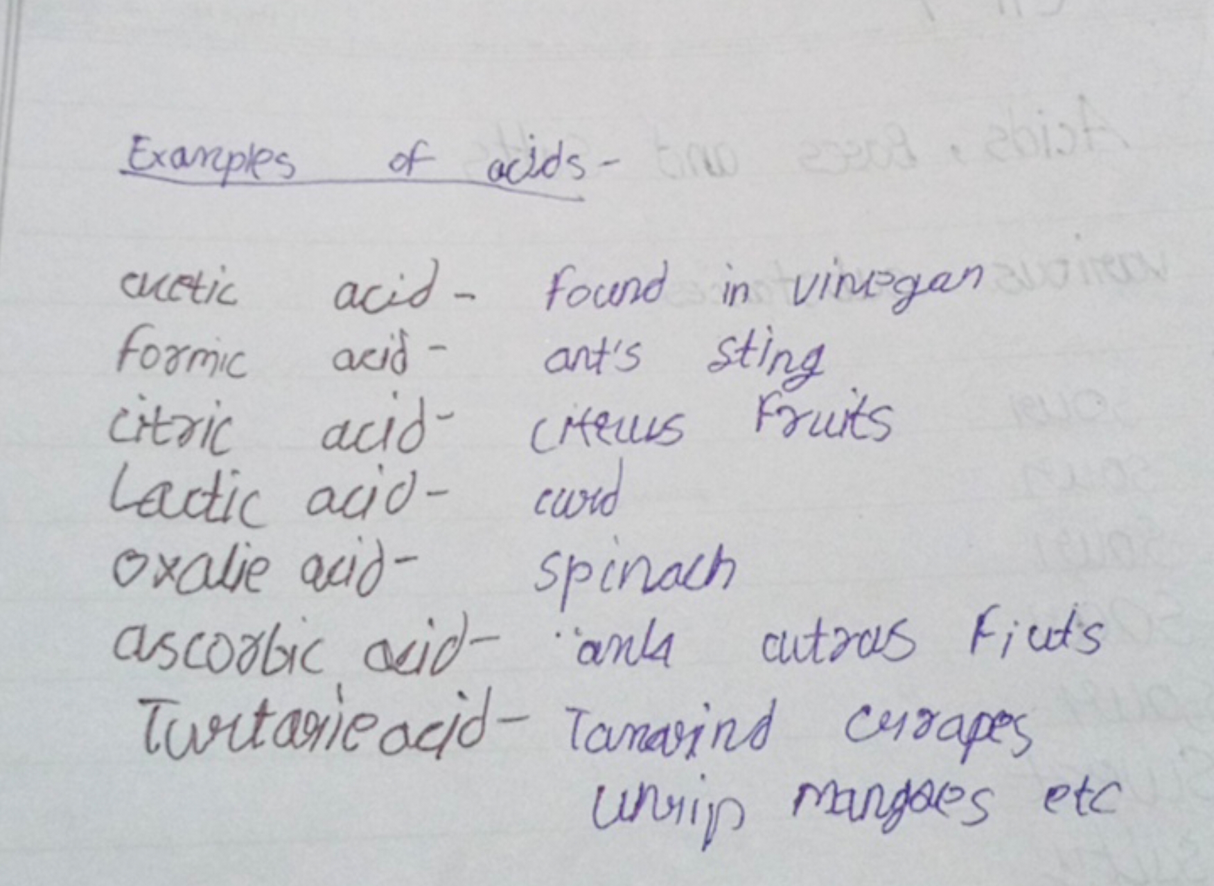 Examples of acids -
acetic acid-found in vinggan
formic acid- ant's st