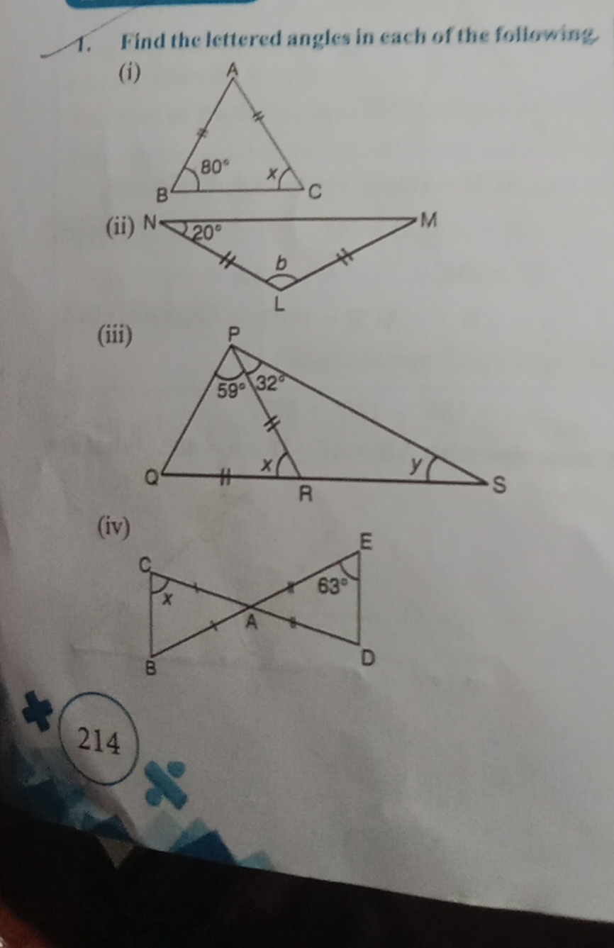 1. Find the lettered angles in each of the following
(i)
(ii)
(iii)
(i