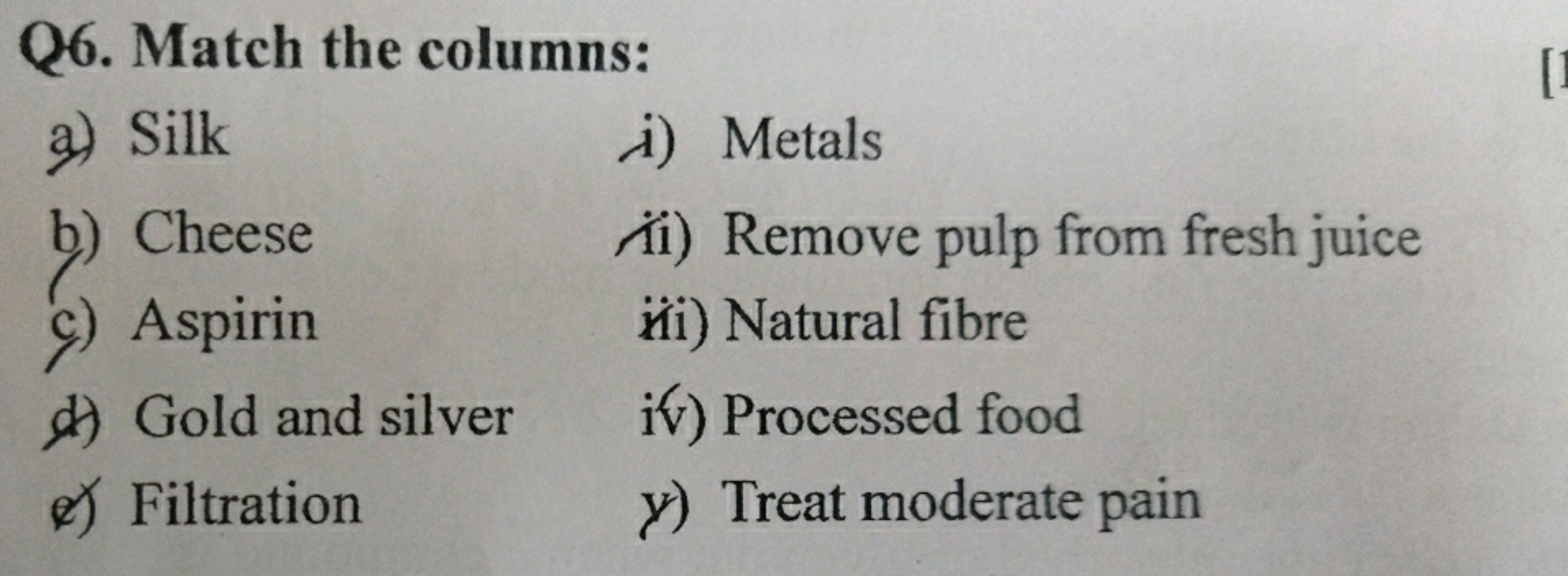 Q6. Match the columns:
a) Silk
Cheese
c) Aspirin
Gold and silver
✓) Fi