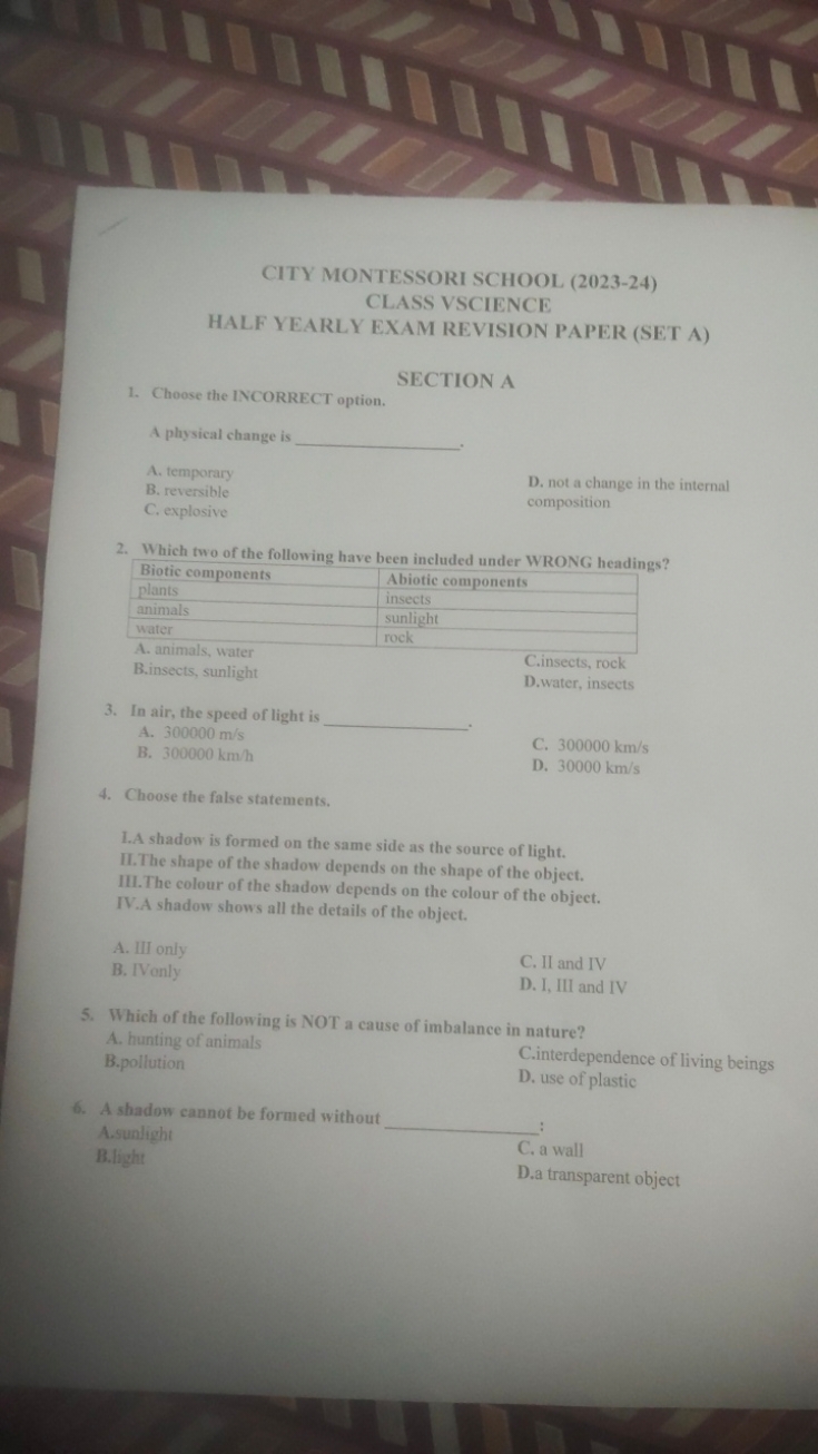 CITY MONTESSORI SCHOOL (2023-24)
CLASS VSCIENCE
HALF YEARLY EXAM REVIS