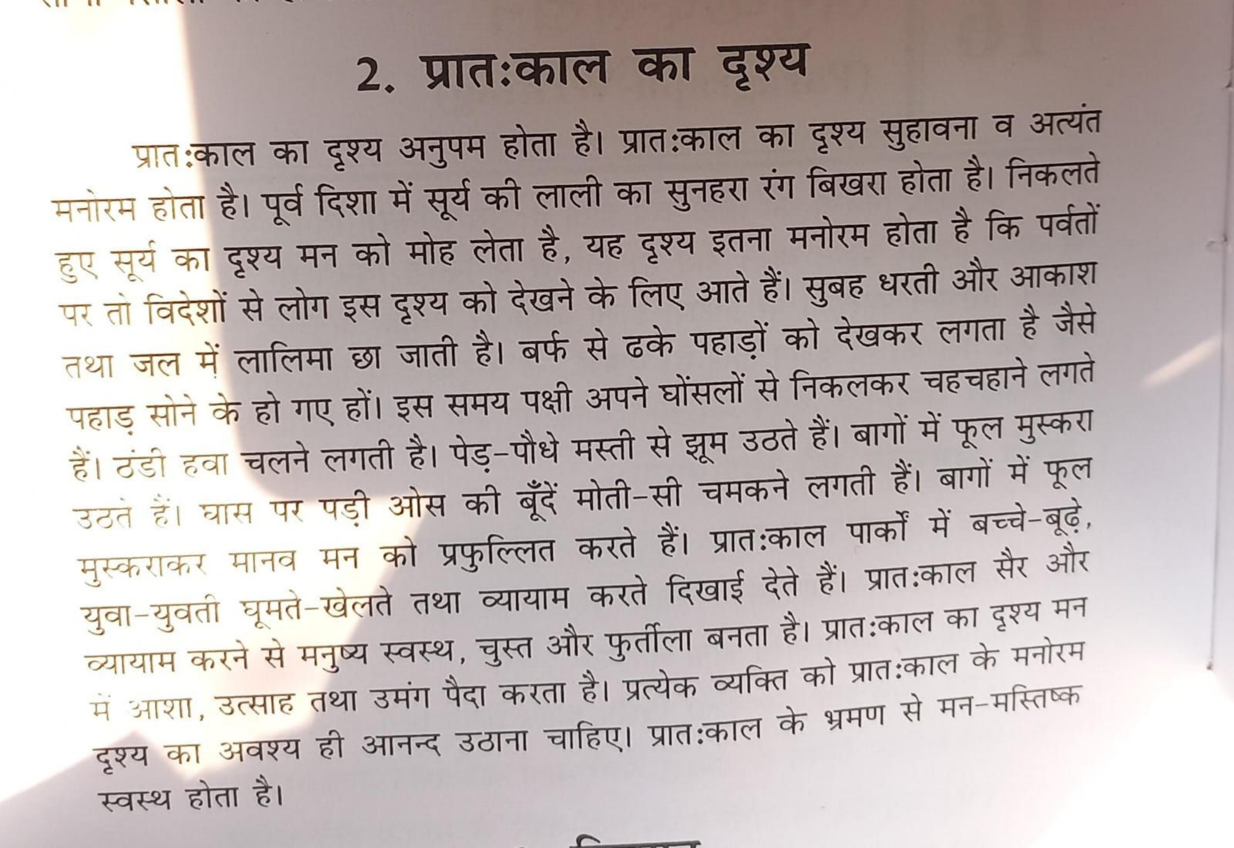 2. प्रात:काल का दृश्य

प्रातःकाल का दृश्य अनुपम होता है। प्रातःकाल का 