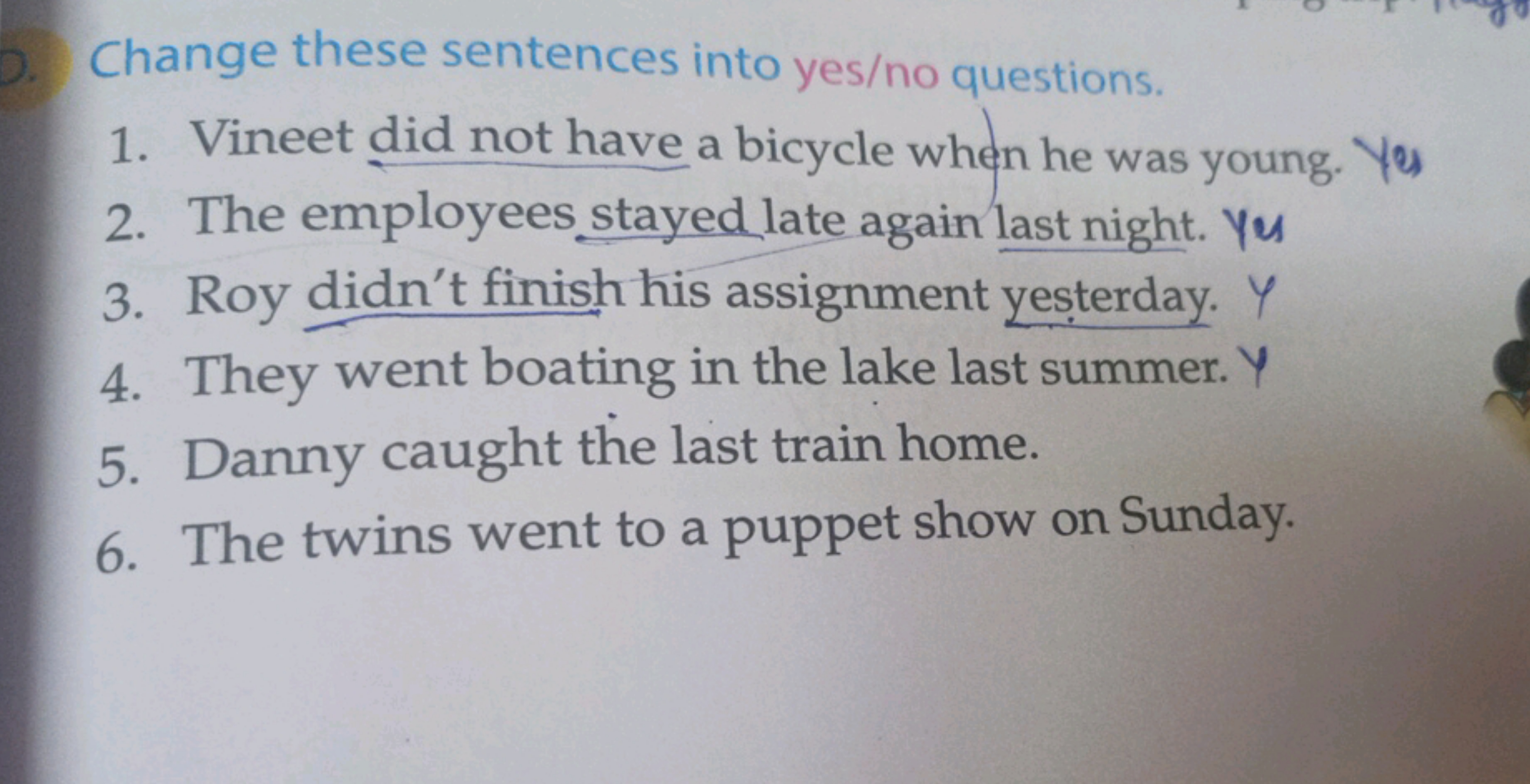 7. Change these sentences into yes/no questions.
1. Vineet did not hav