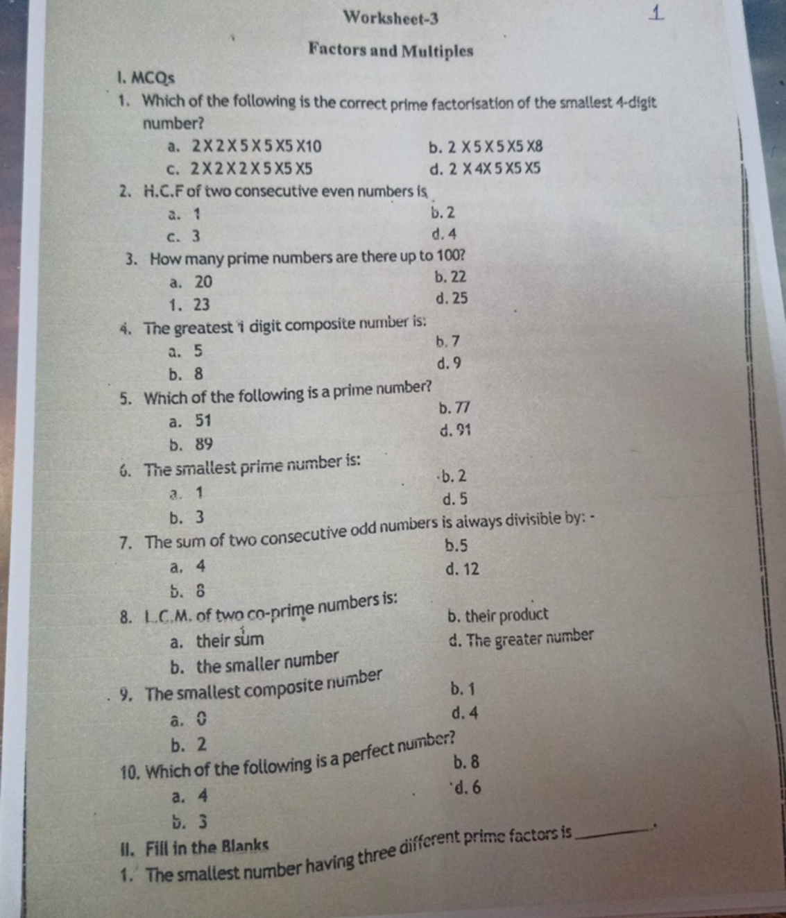 Worksheet-3
1
Factors and Multiples
I. MCQs
1. Which of the following 