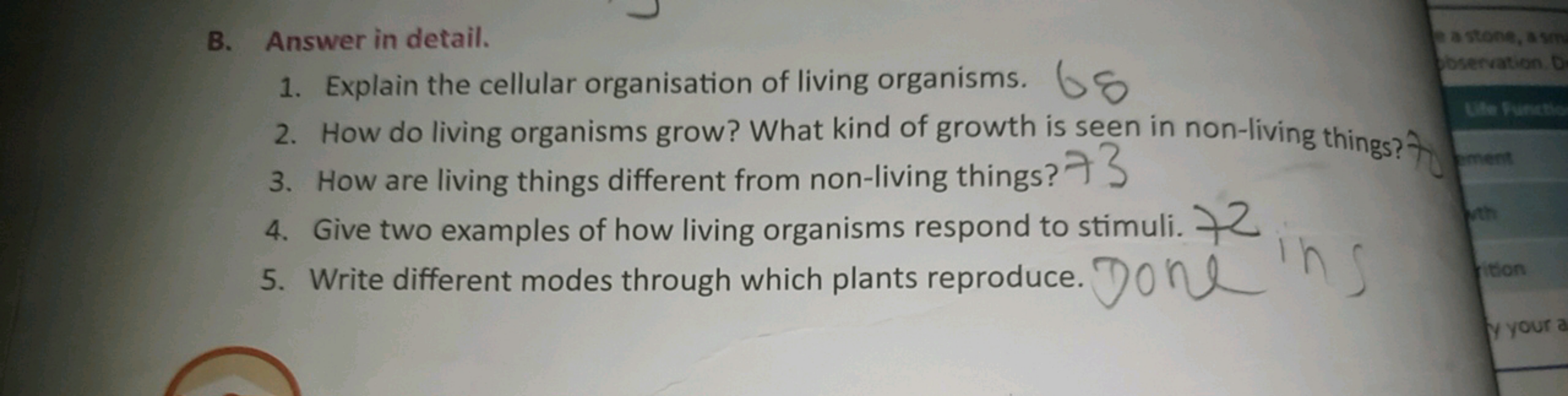 B. Answer in detail.
1. Explain the cellular organisation of living or