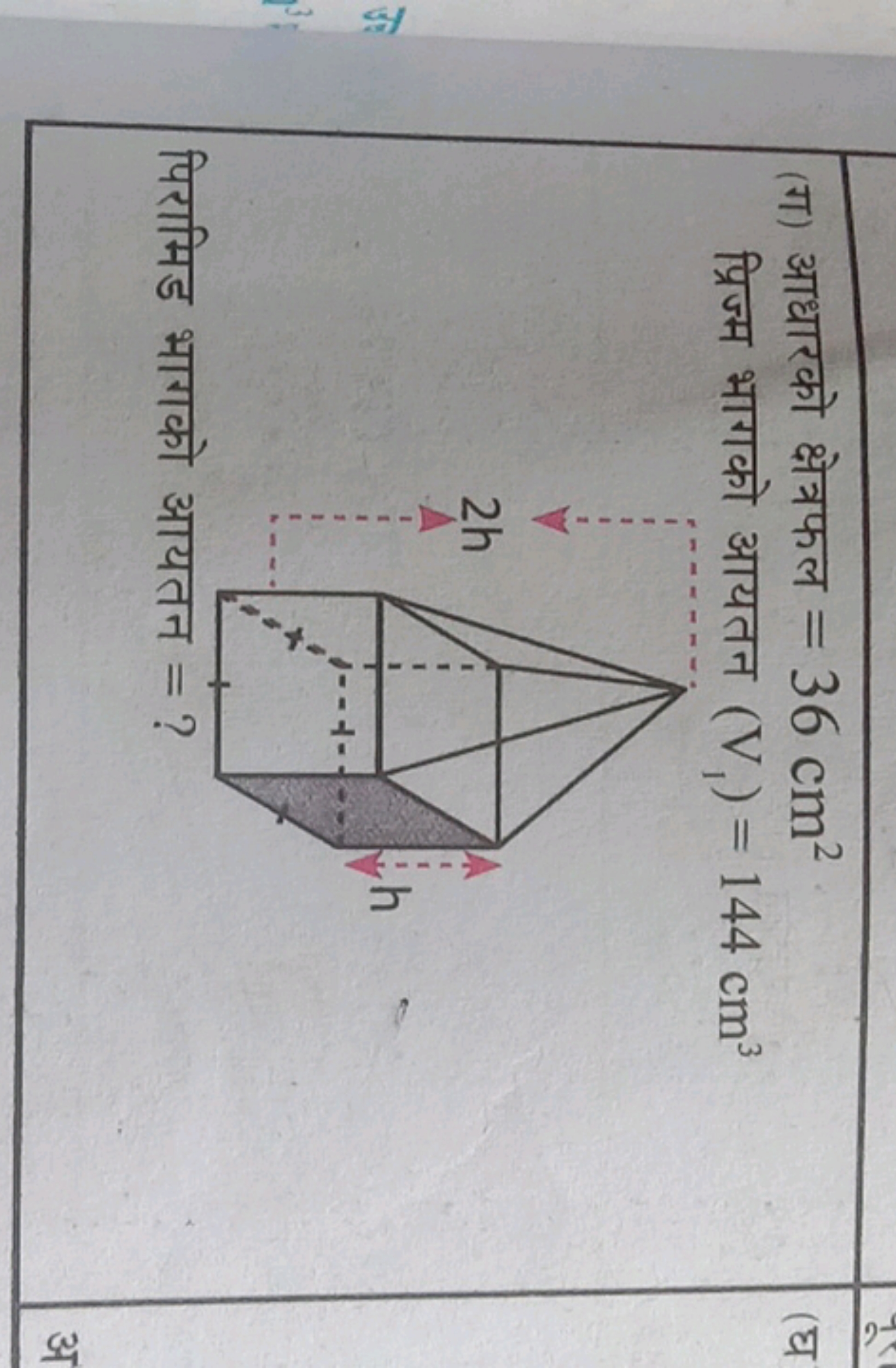 (ग) आधारको क्षेत्रफल =36 cm2 प्रिज्म भागको आयतन (Vt​)=144 cm3

पिरामिड