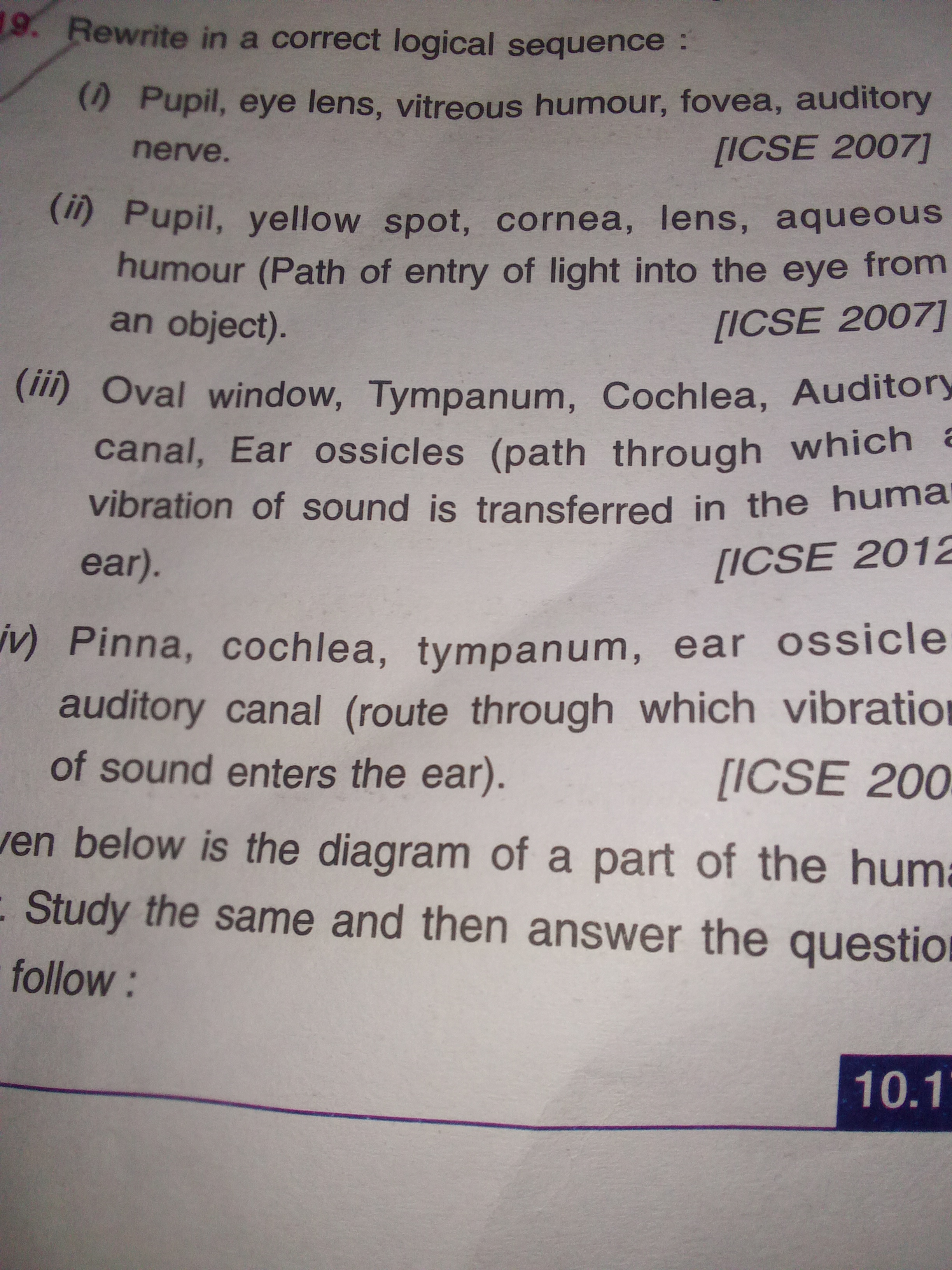 19. Rewrite in a correct logical sequence :
(I) Pupil, eye lens, vitre