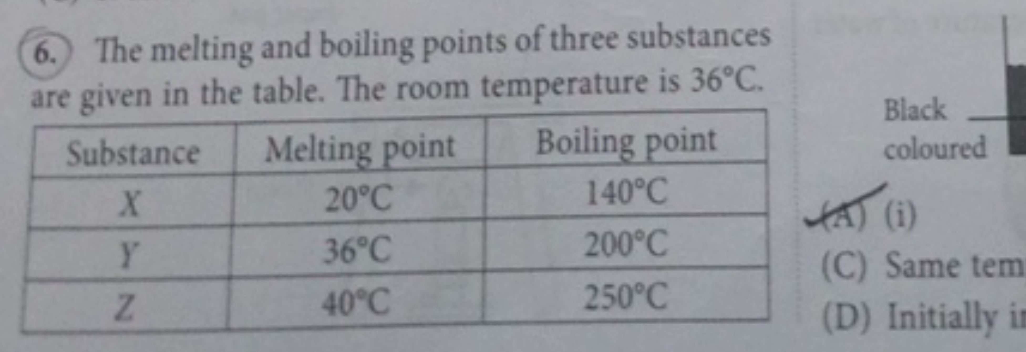 6. The melting and boiling points of three substances are given in the