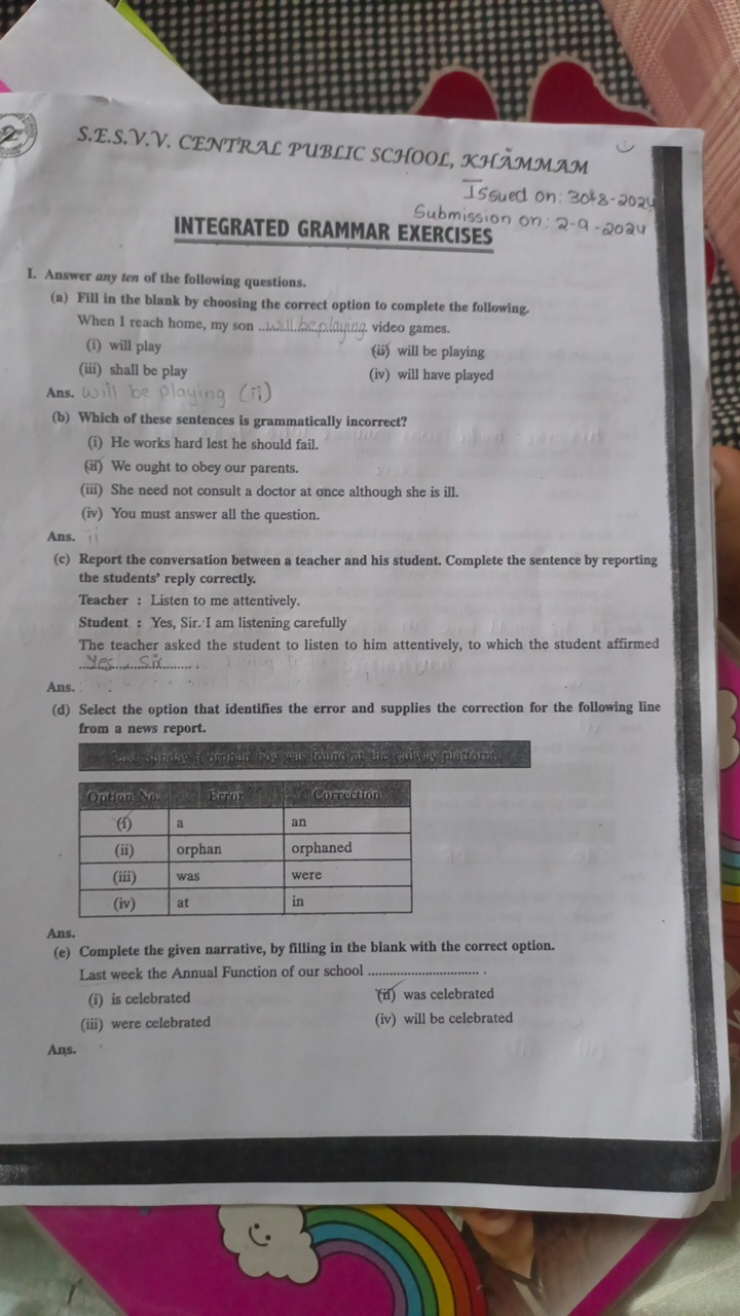 
Issued on: 30t8​-2024

INTEGRATED GRAMMAR EXERCISES
Submission on: 2−