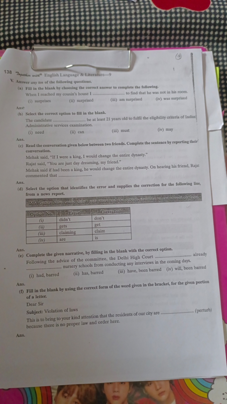 1387 agecter awse English Language \& Literature-9
V. Answer any ten o