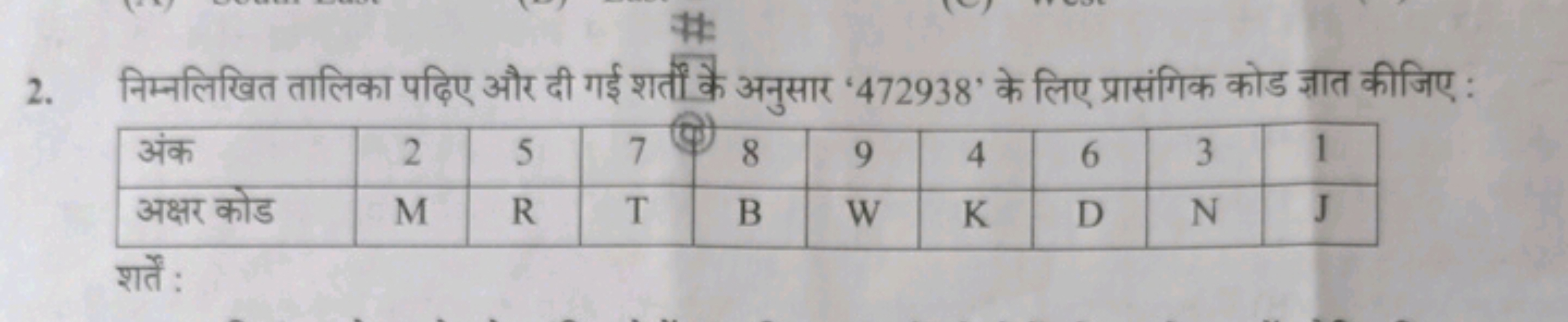 2. निम्नलिखित तालिका पढ़िए और दी गई शर्ती कै अनुसार ' 472938 ' के लिए 