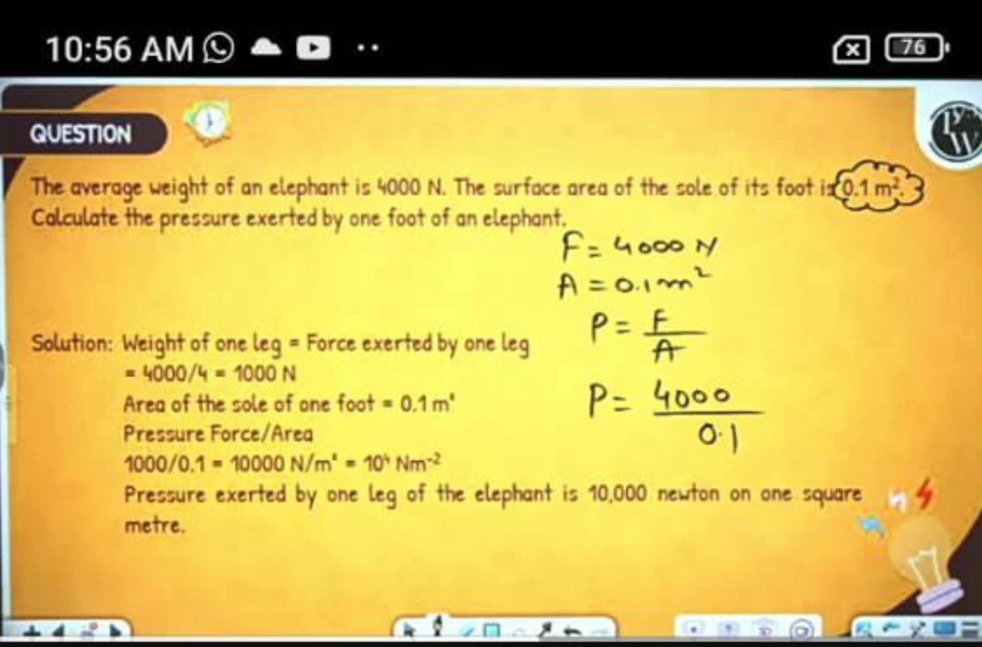 10:56 AM
76

QUESTION
(11)
The average weight of an elephant is 4000 N