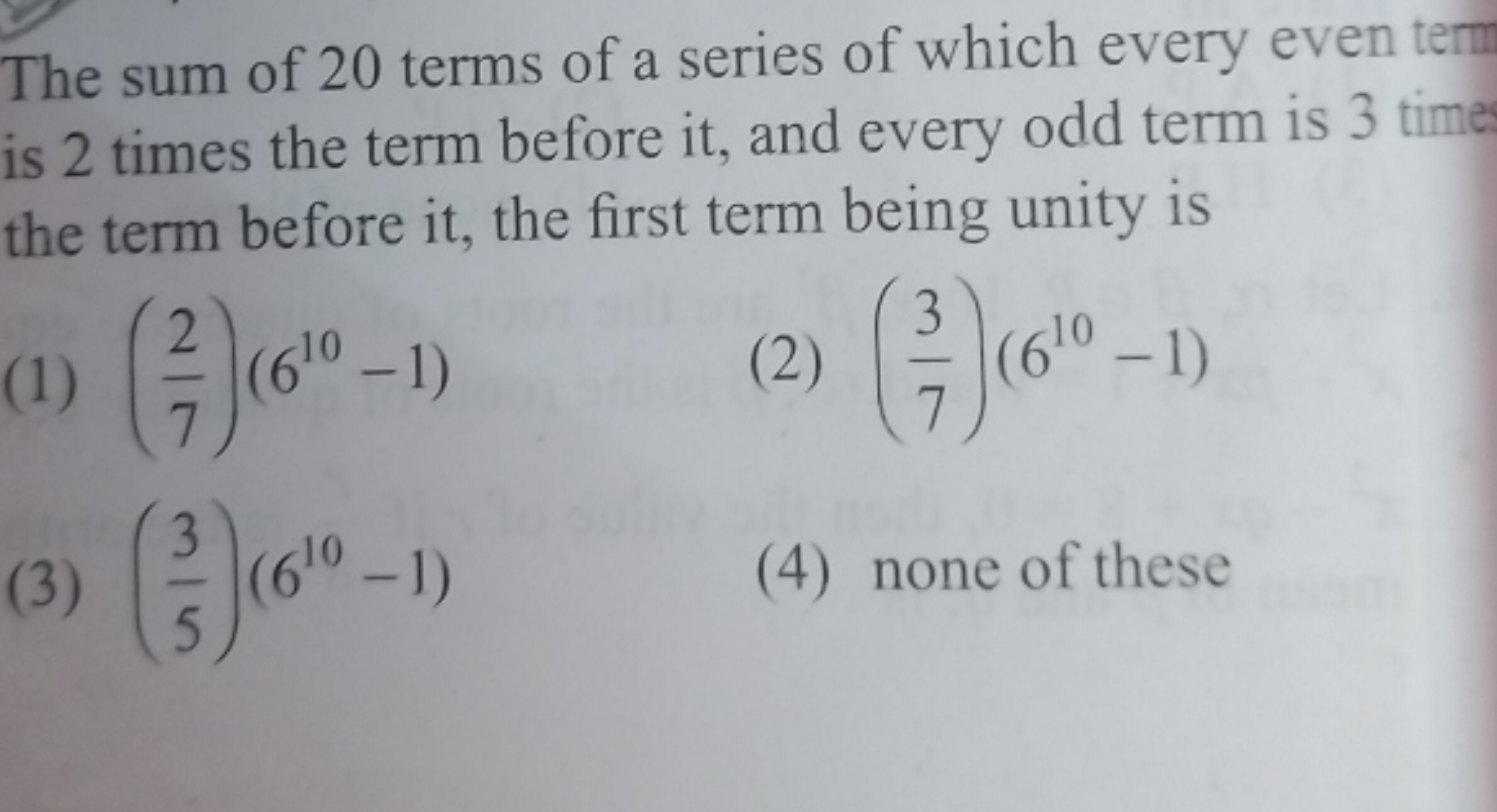 The sum of 20 terms of a series of which every even term is 2 times th