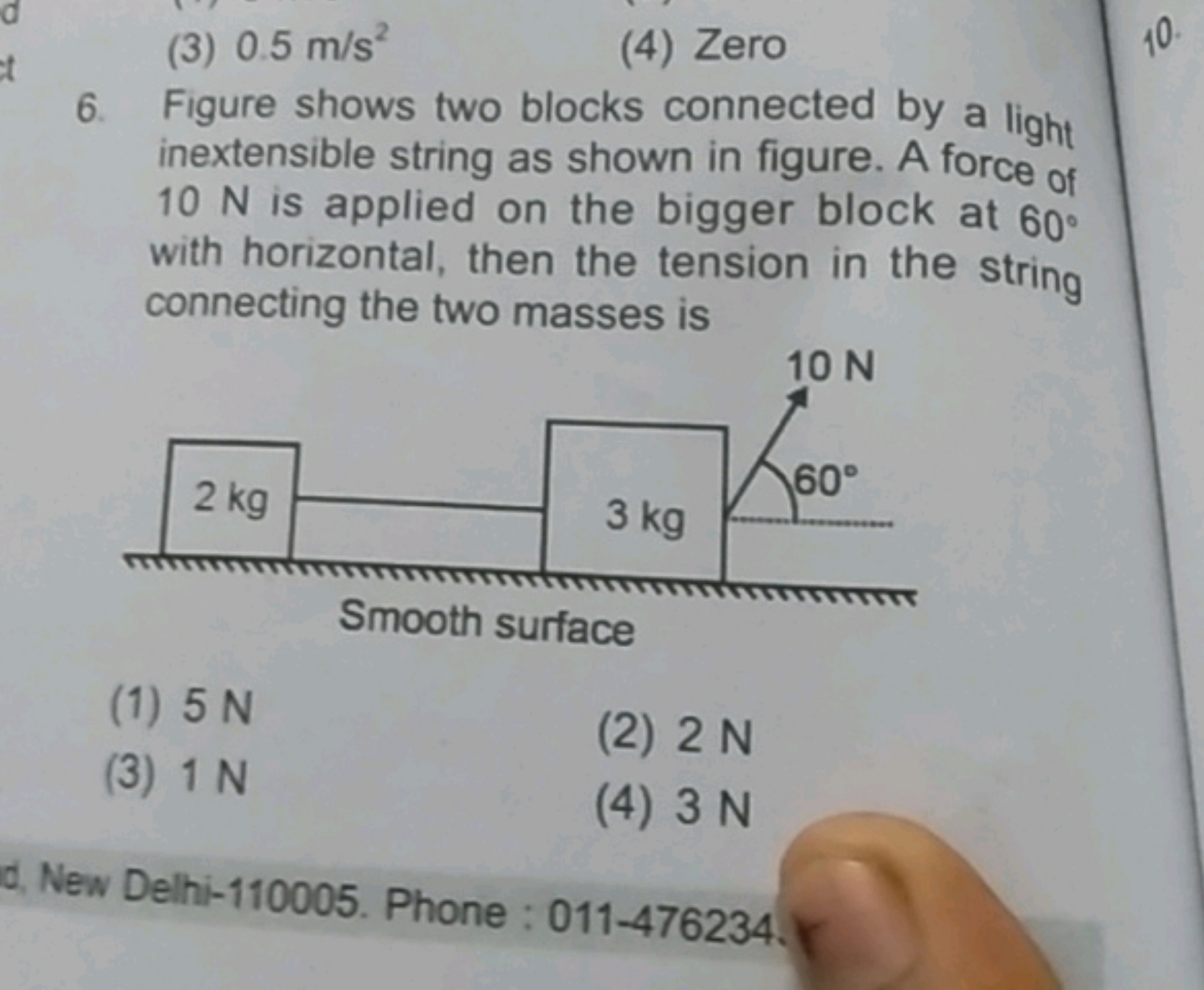 (3) 0.5 m/s2
(4) Zero
6. Figure shows two blocks connected by a light 