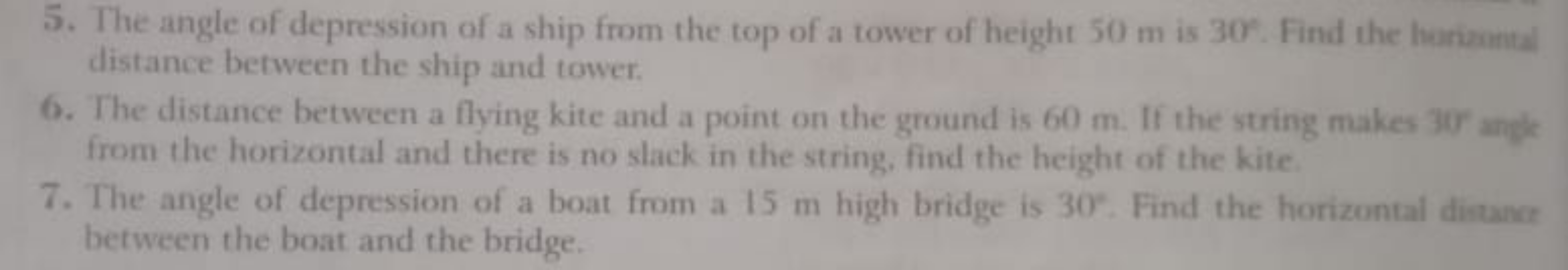 5. The angle of depression of a ship from the top of a tower of height