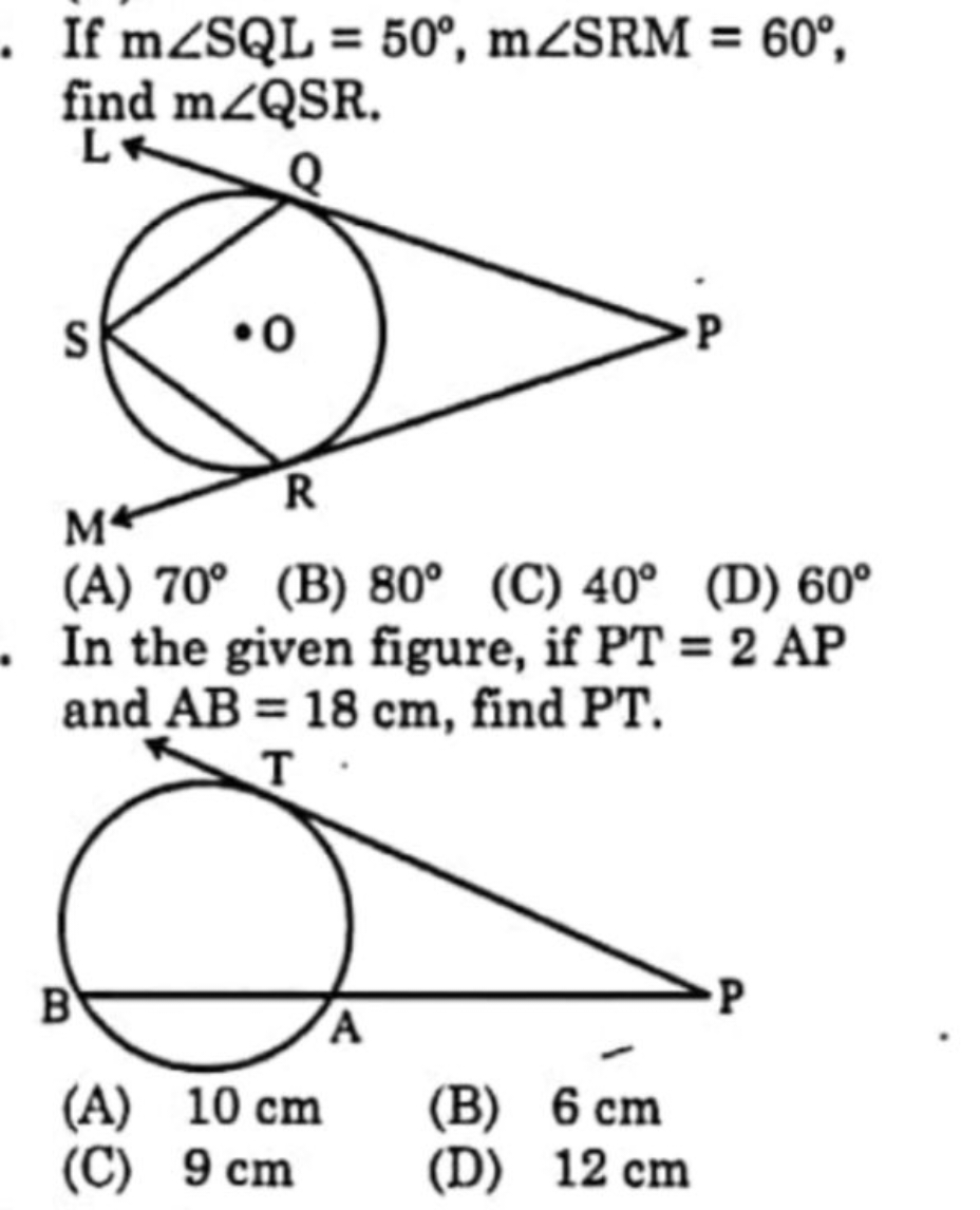 If m∠SQL=50∘,m∠SRM=60∘, find m∠QSR.
(A) 70∘
(B) 80∘
(C) 40∘
(D) 60∘

I